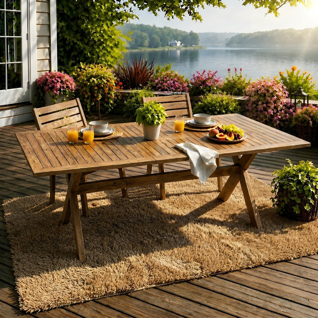 60"-76" Acacia Wood Outdoor Dining Table  with Extension, Telescopic Table Ideal for Patio