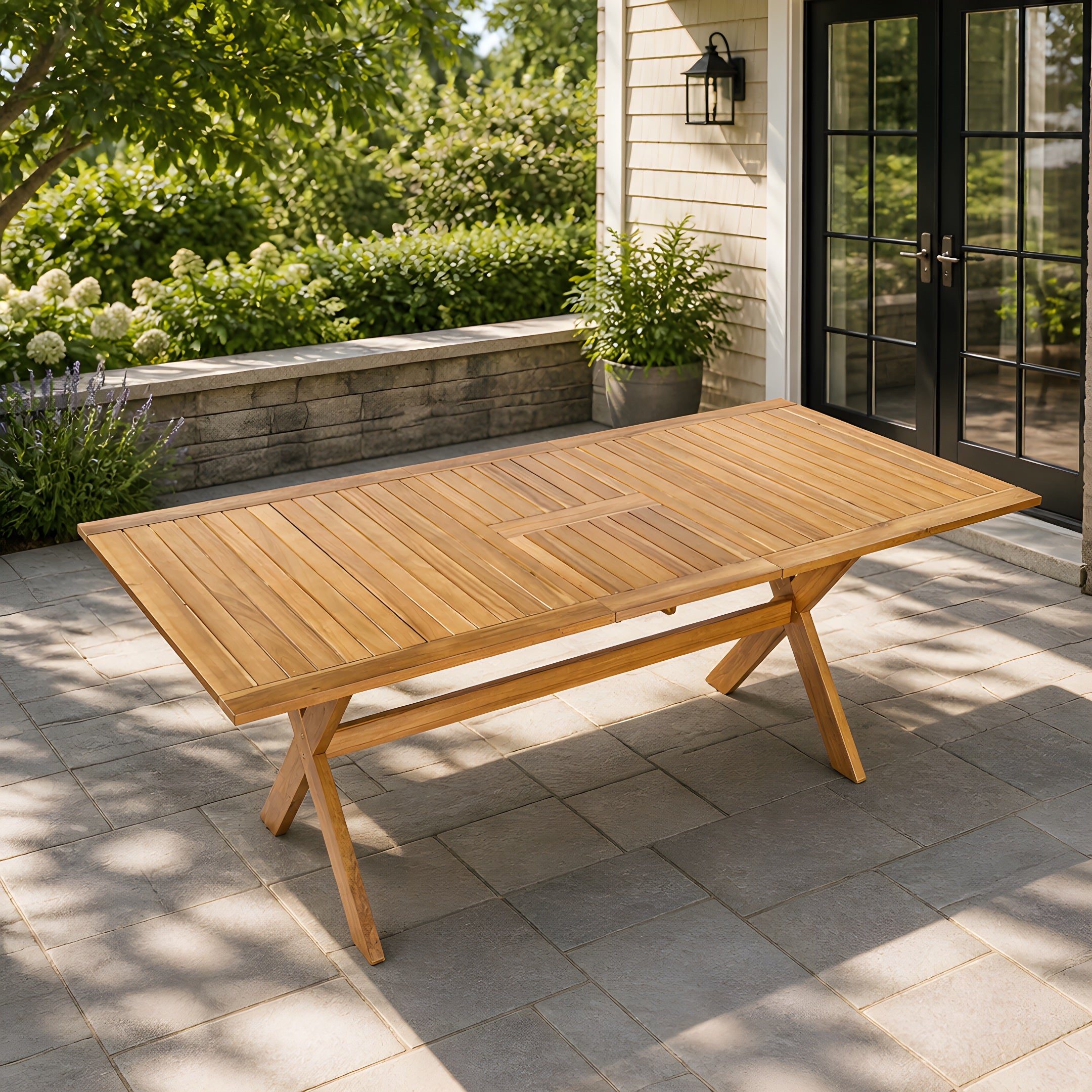 60"-76" Acacia Wood Outdoor Dining Table  with Extension, Telescopic Table Ideal for Patio