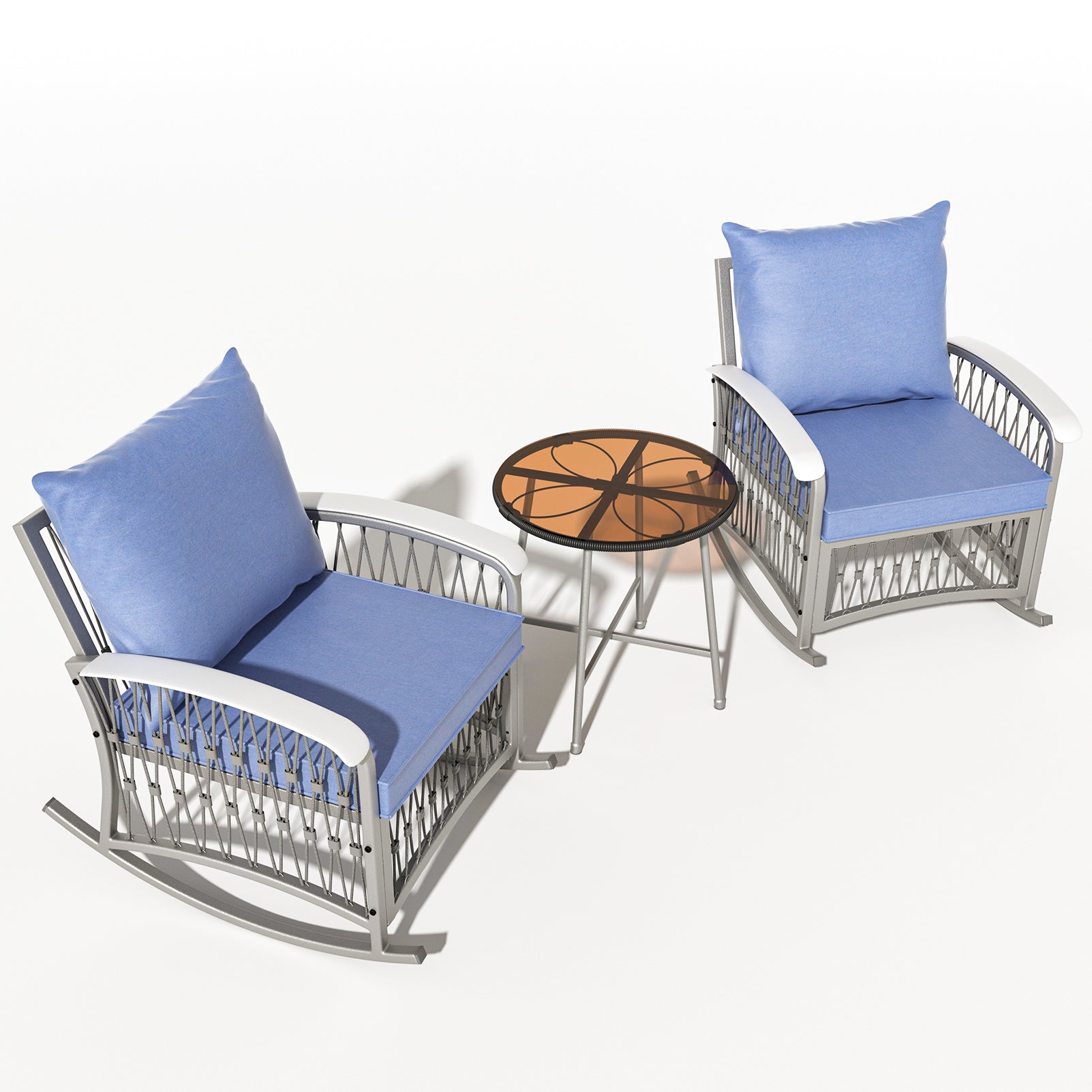 Metal Rocking Chairs with Blue Cushions and Tempered Glass Top Roped 2-Pack
