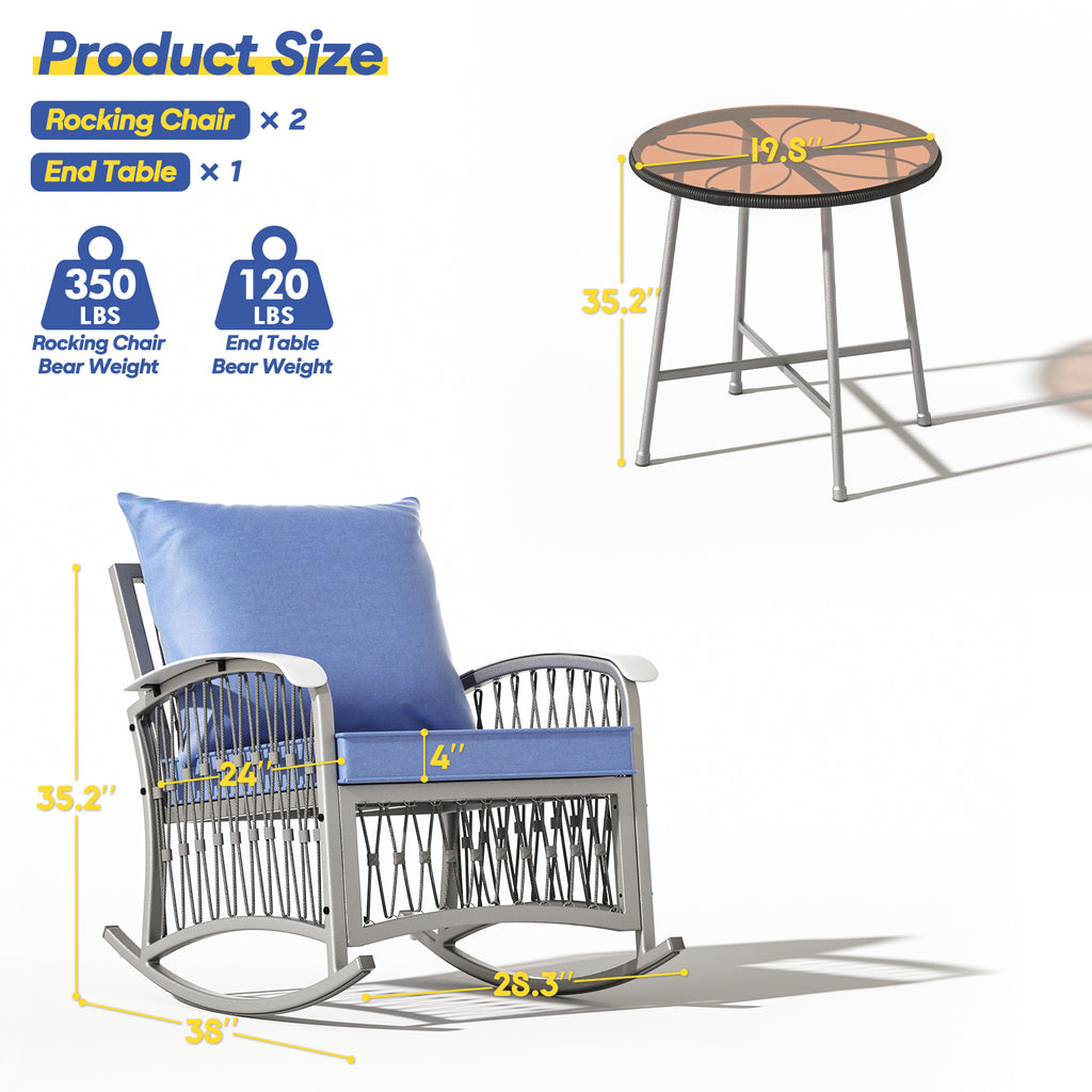 Metal Rocking Chairs with Blue Cushions and Tempered Glass Top Roped 2-Pack