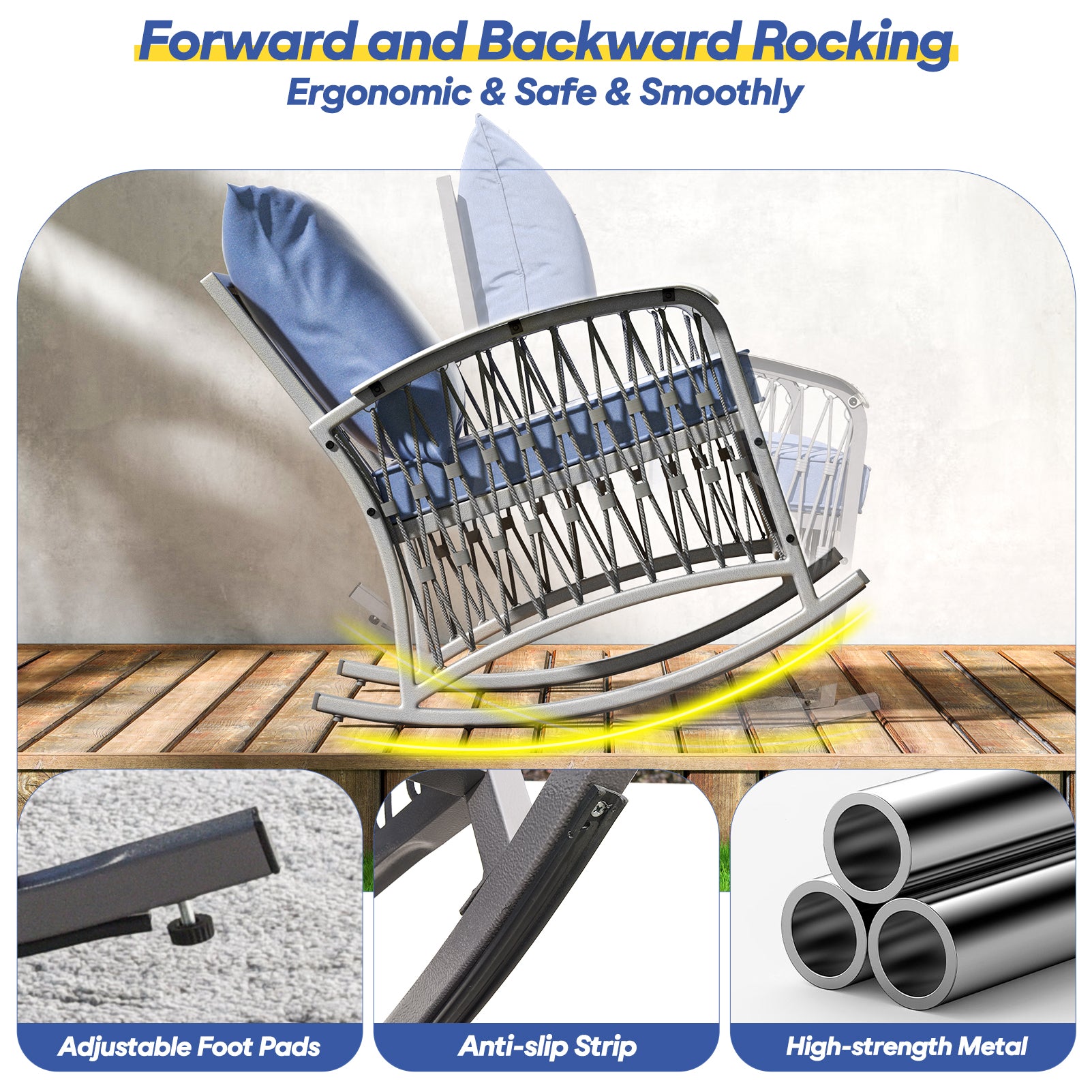 Metal Rocking Chairs with Blue Cushions and Tempered Glass Top Roped 2-Pack
