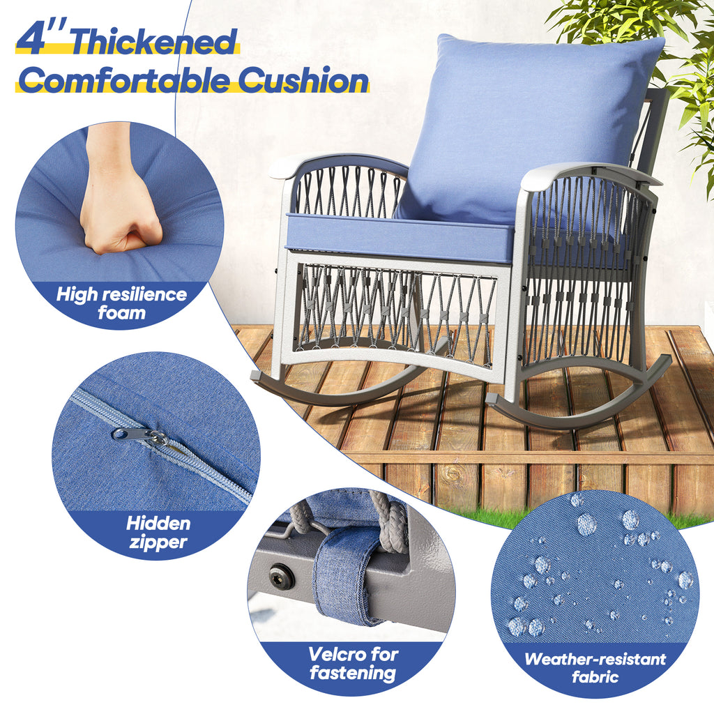 Metal Rocking Chairs with Blue Cushions and Tempered Glass Top Roped 2-Pack