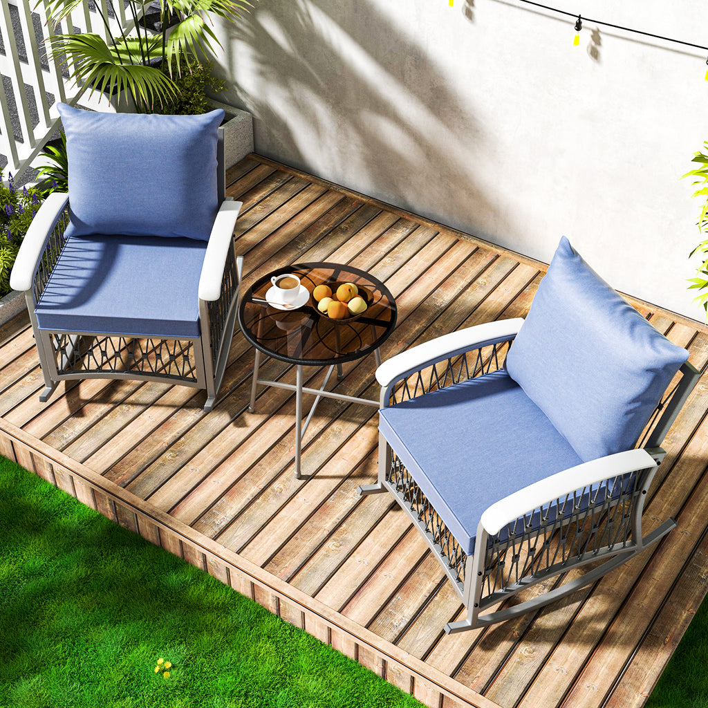 Metal Rocking Chairs with Blue Cushions and Tempered Glass Top Roped 2-Pack