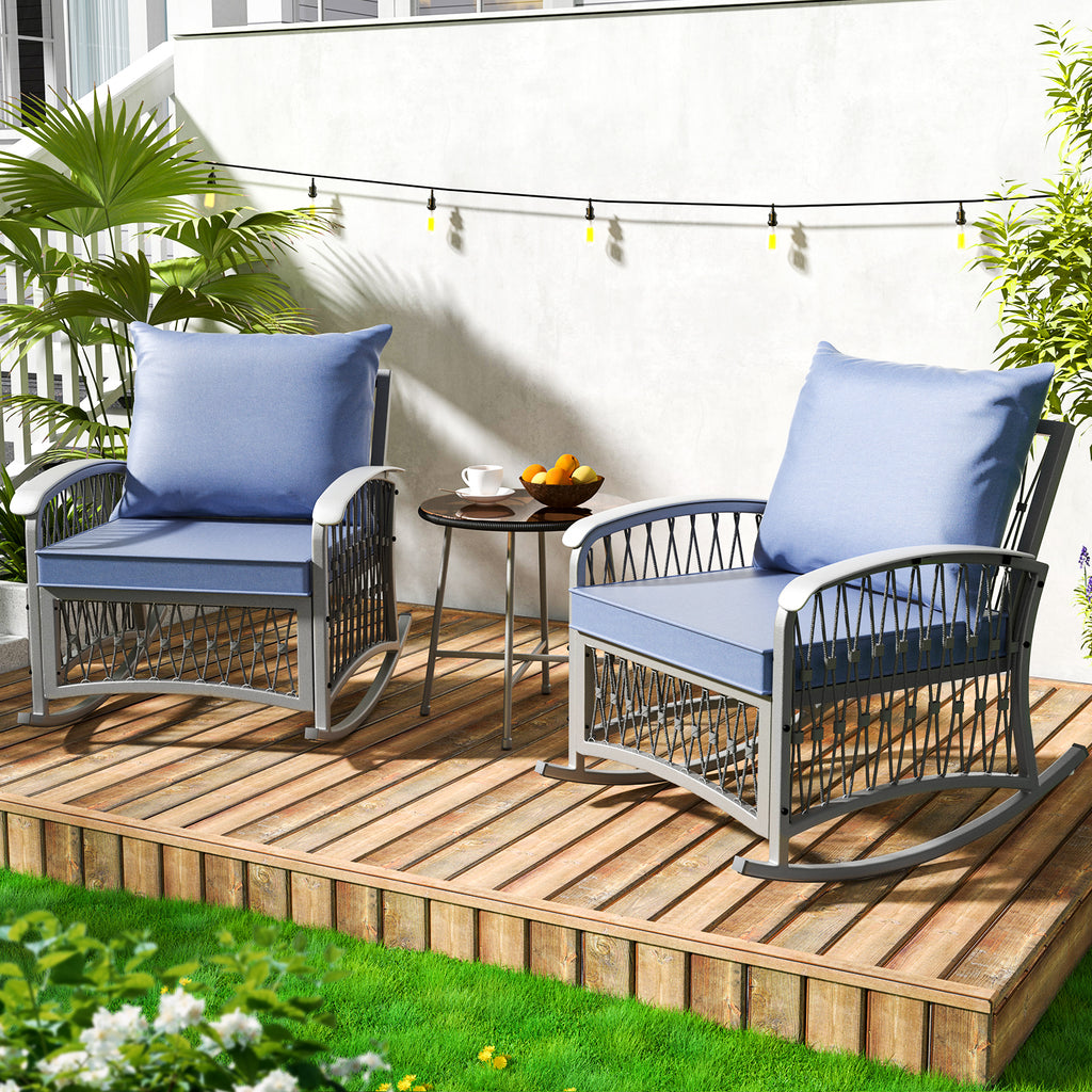 Metal Rocking Chairs with Blue Cushions and Tempered Glass Top Roped 2-Pack