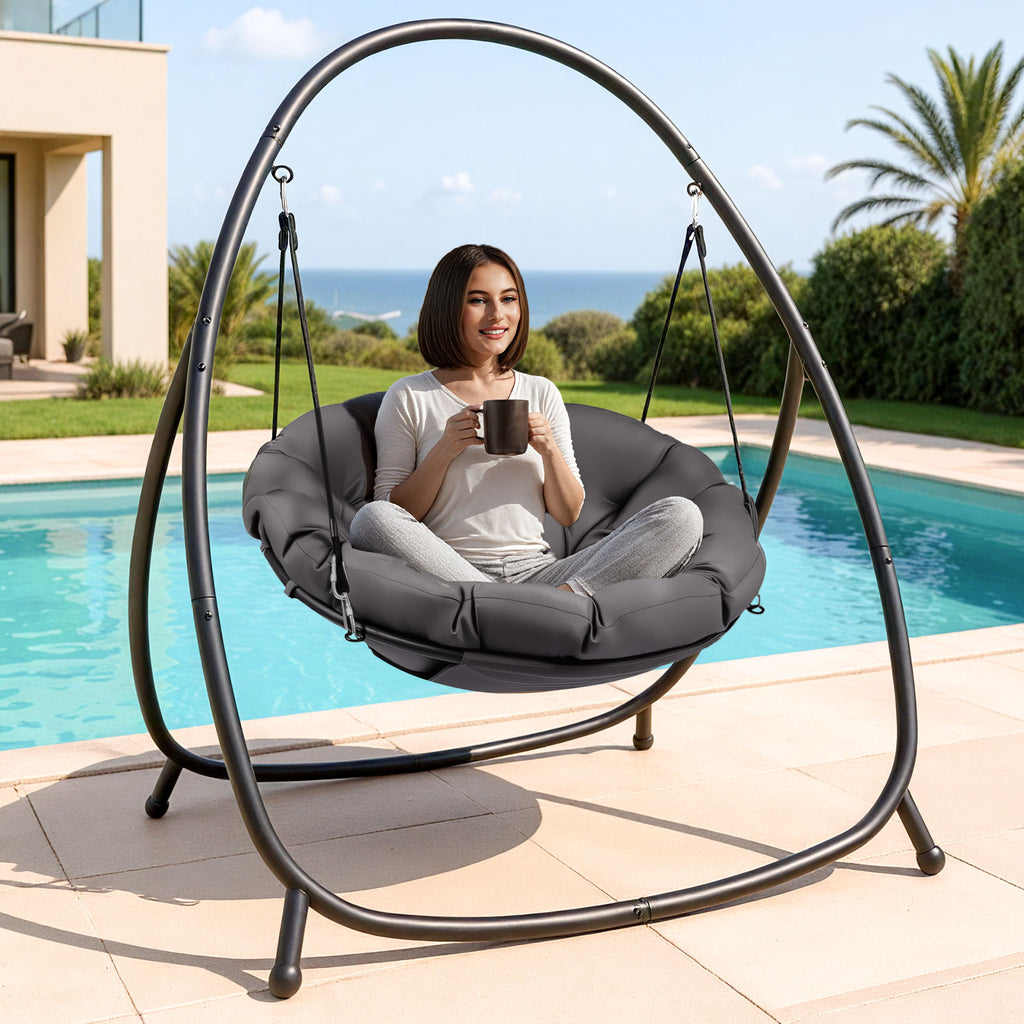 Hanging Egg Chair with Stand, Swing Chair with Dary Gray Cushion-Outdoor Hammock Chair for Balcony, Garden, Patio