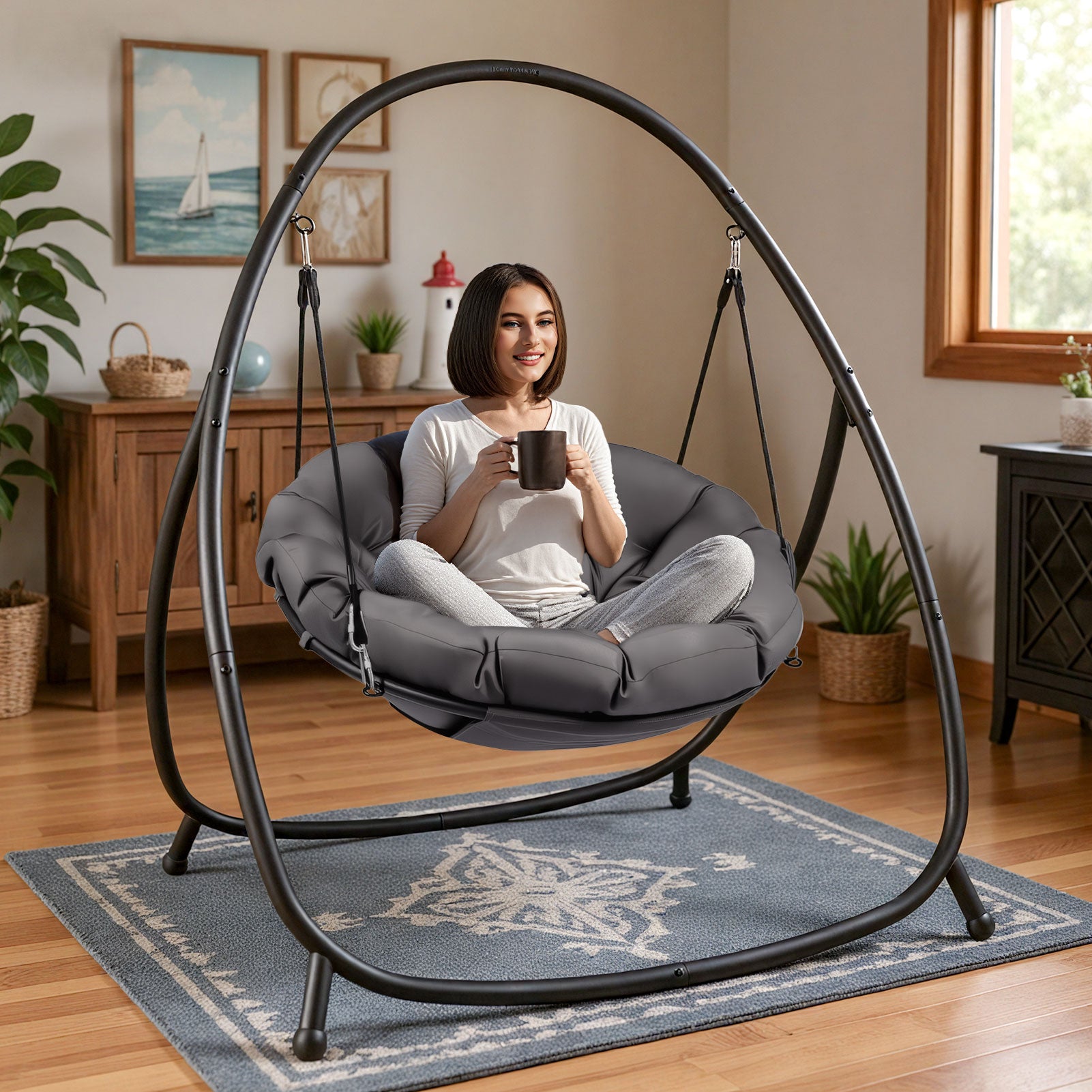 Hanging Egg Chair with Stand, Swing Chair with Dary Gray Cushion-Outdoor Hammock Chair for Balcony, Garden, Patio