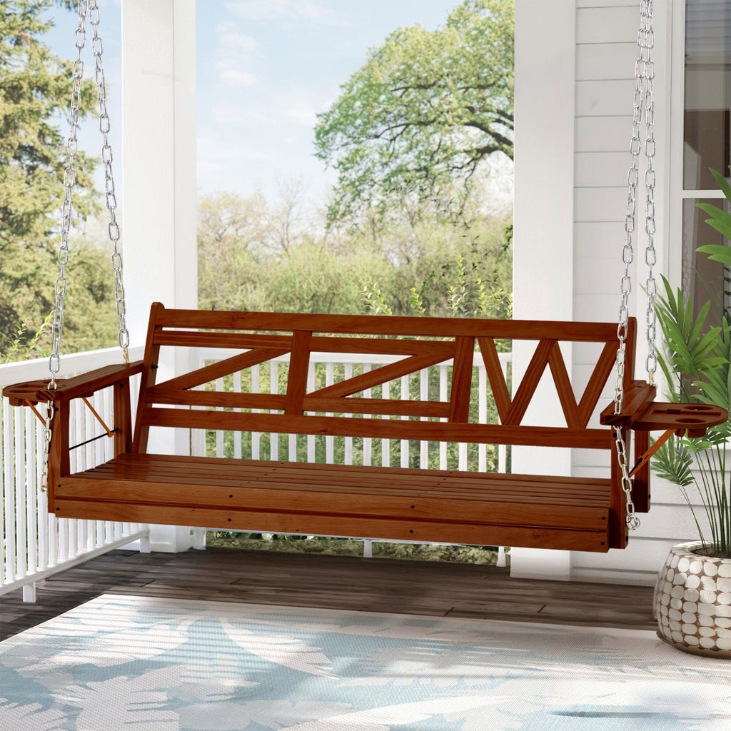 3-Person Heavy Duty Brown Wood Porch Swing with Hanging Chain, Foldable Tray