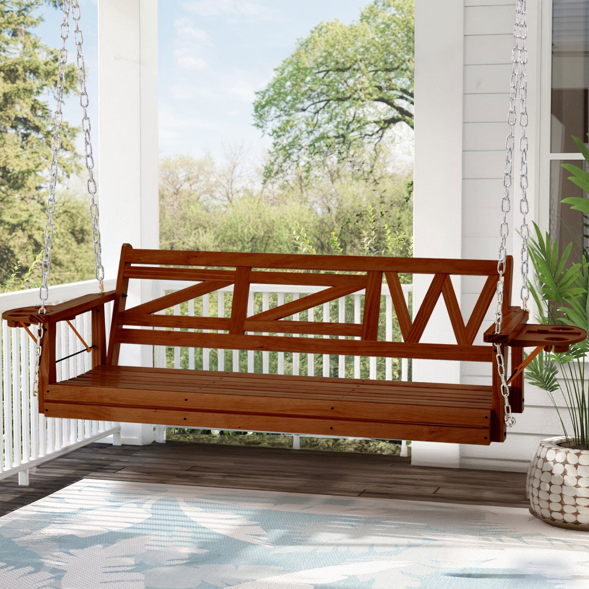 3-Person Heavy Duty Brown Wood Porch Swing with Hanging Chain, Foldable Tray