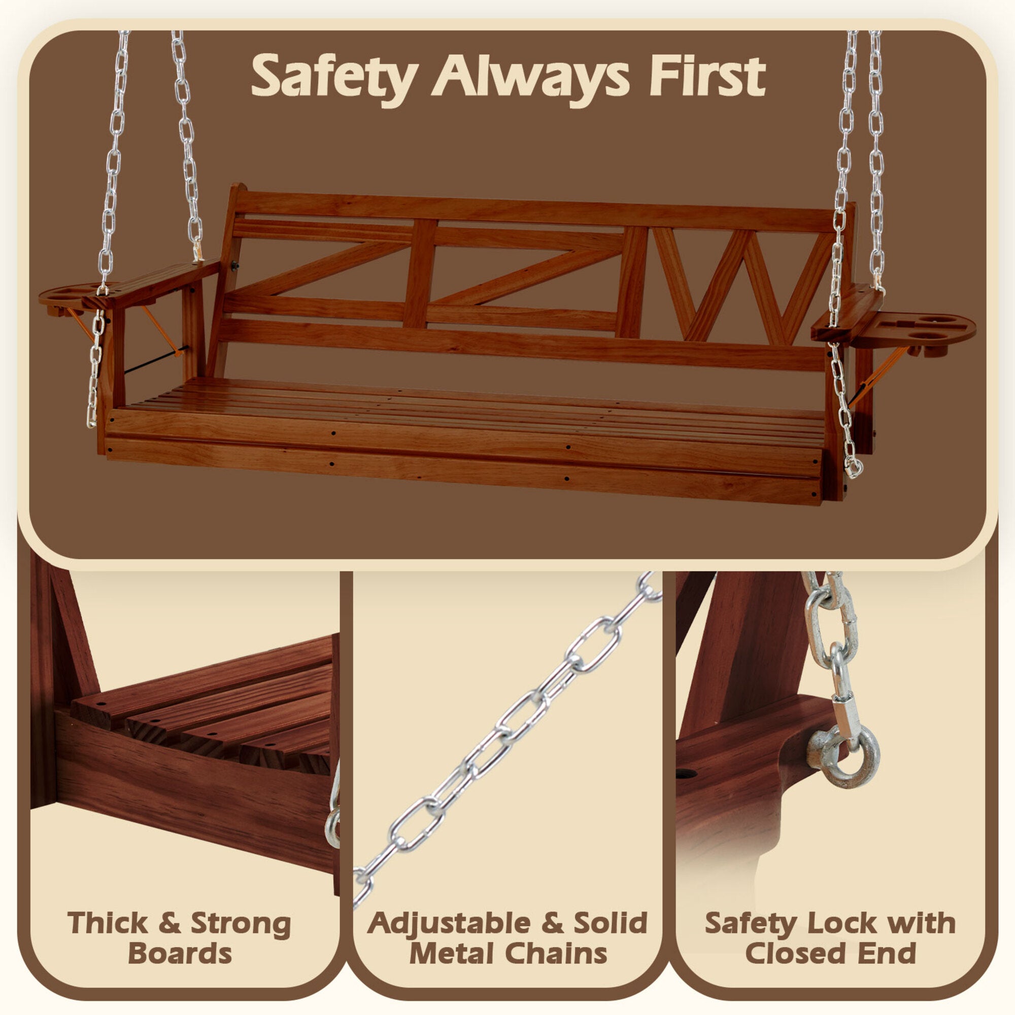 3-Person Heavy Duty Brown Wood Porch Swing with Hanging Chain, Foldable Tray