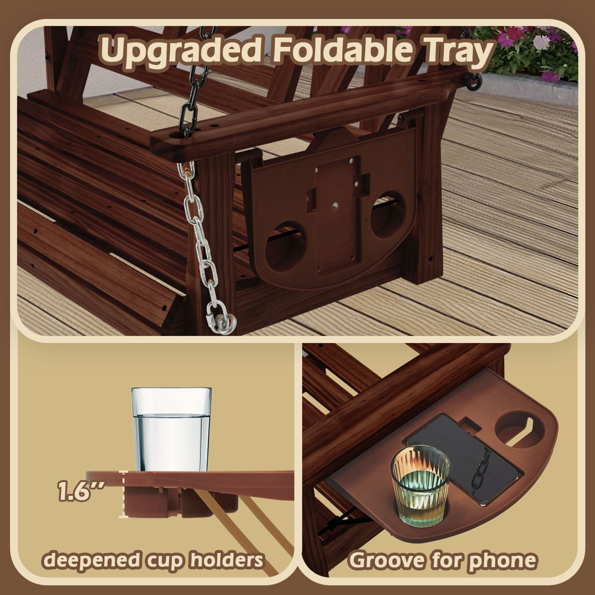 3-Person Heavy Duty Brown Wood Porch Swing with Hanging Chain, Foldable Tray