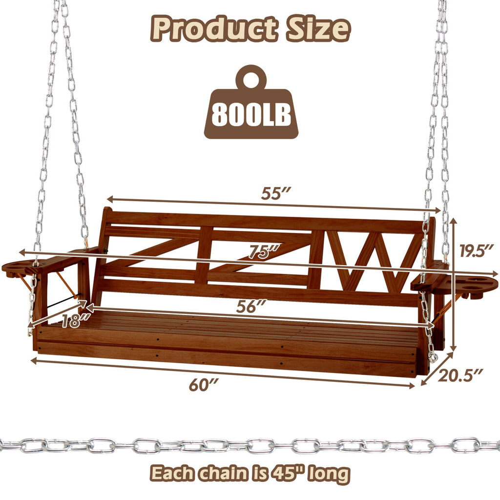 3-Person Heavy Duty Brown Wood Porch Swing with Hanging Chain, Foldable Tray