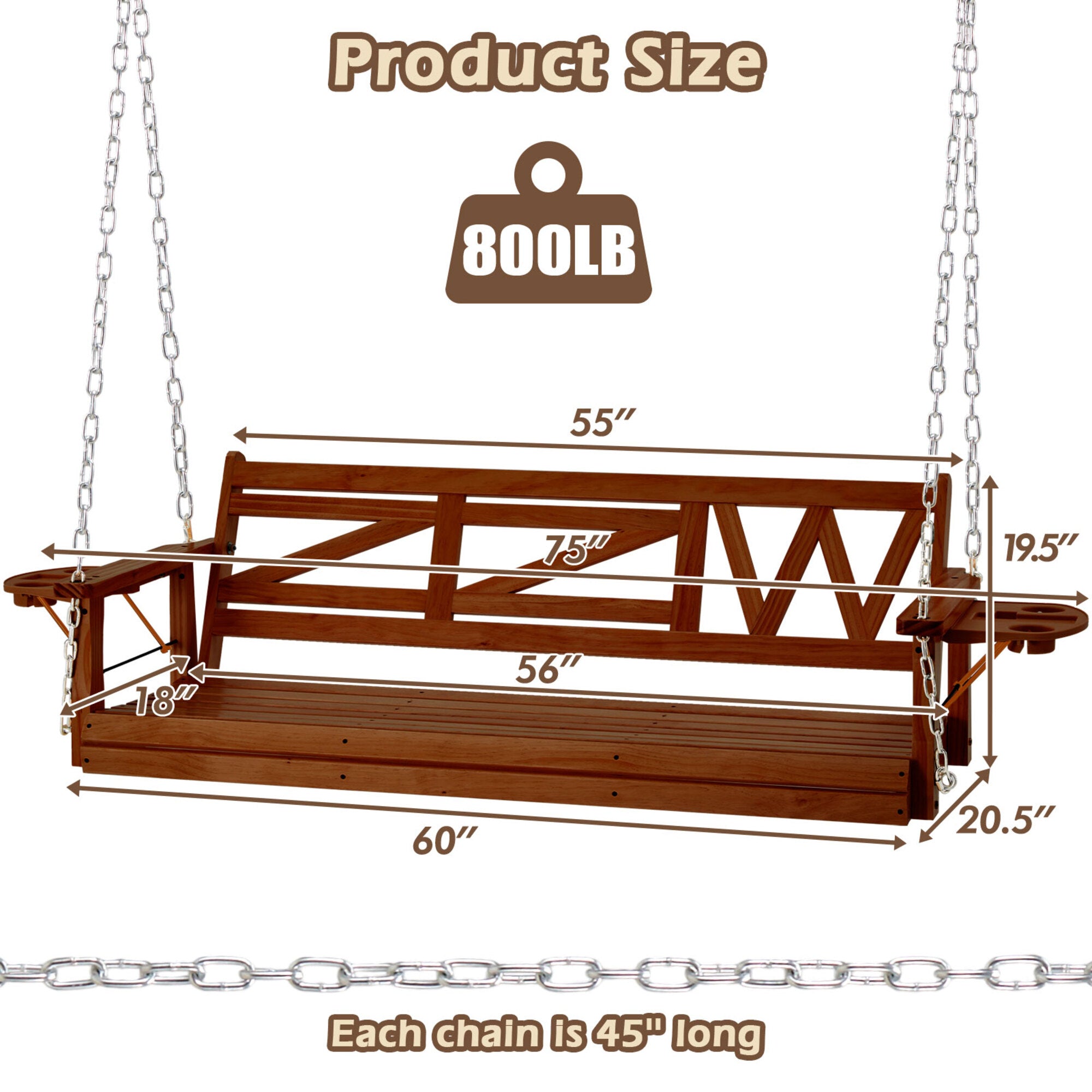 3-Person Heavy Duty Brown Wood Porch Swing with Hanging Chain, Foldable Tray