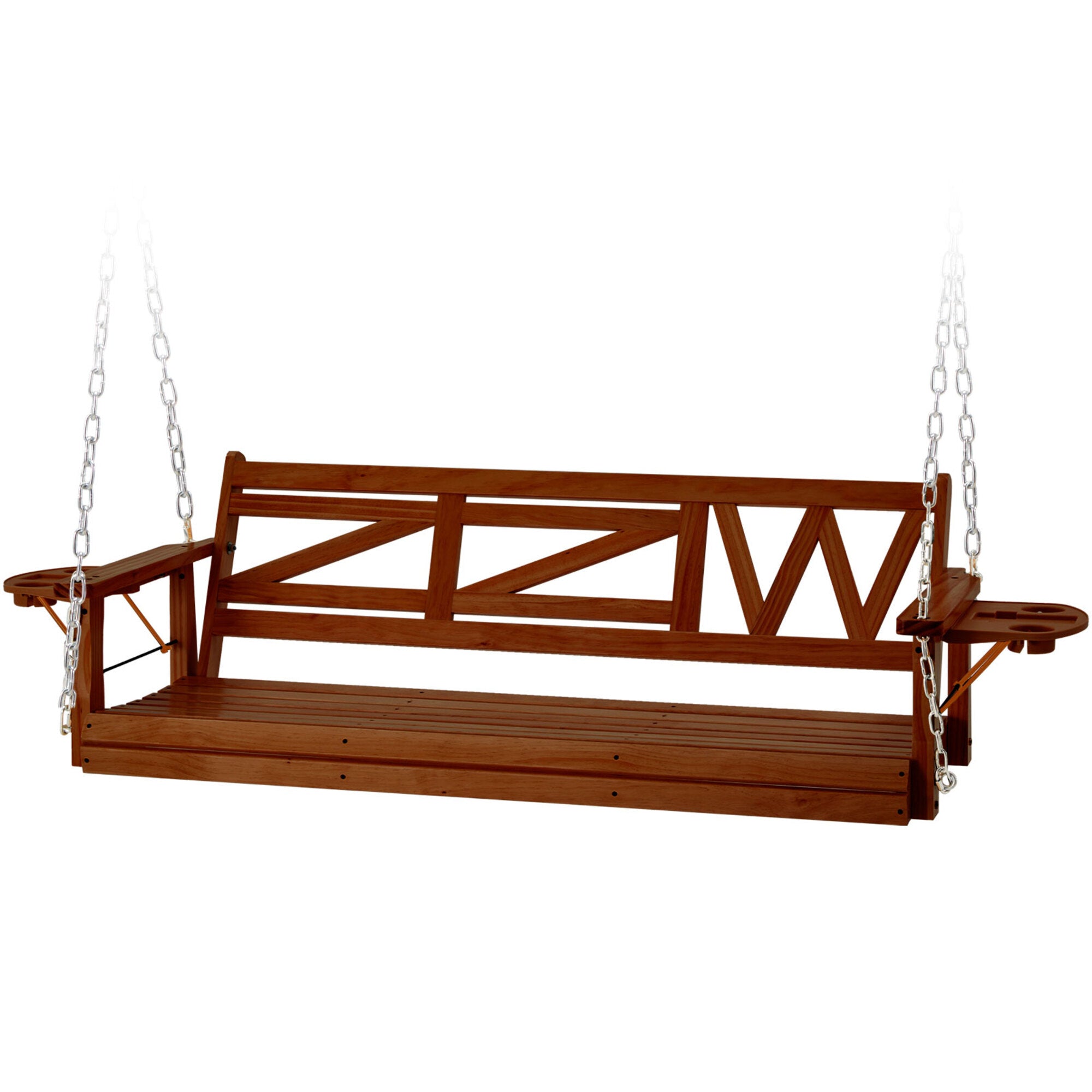 3-Person Heavy Duty Brown Wood Porch Swing with Hanging Chain, Foldable Tray