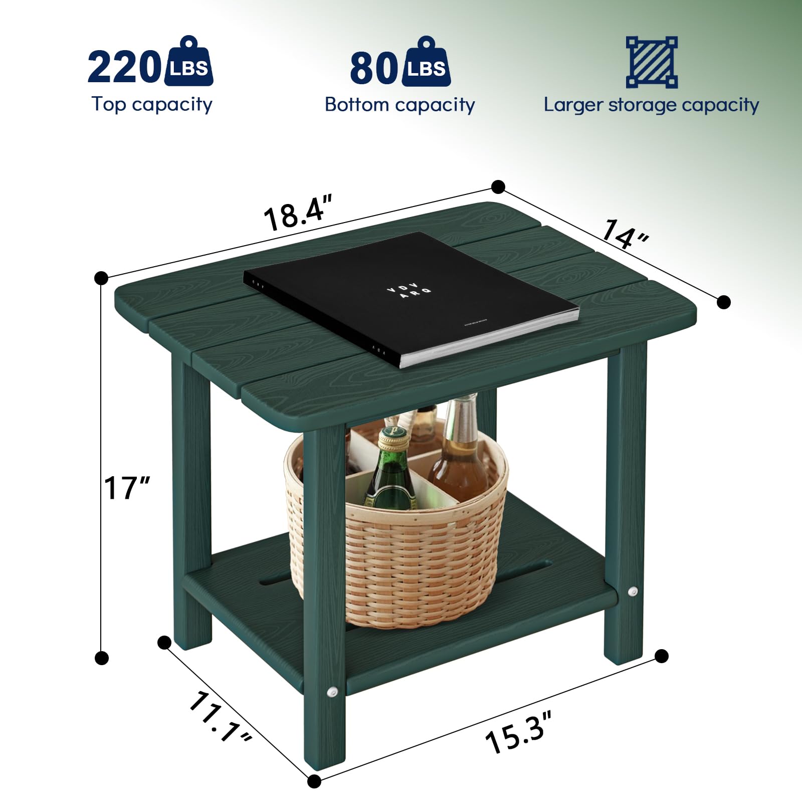 Casual Green Rectangular HDPE Plastic Outdoor Side Table, Weather Resistant Adirondack Outdoor End Table
