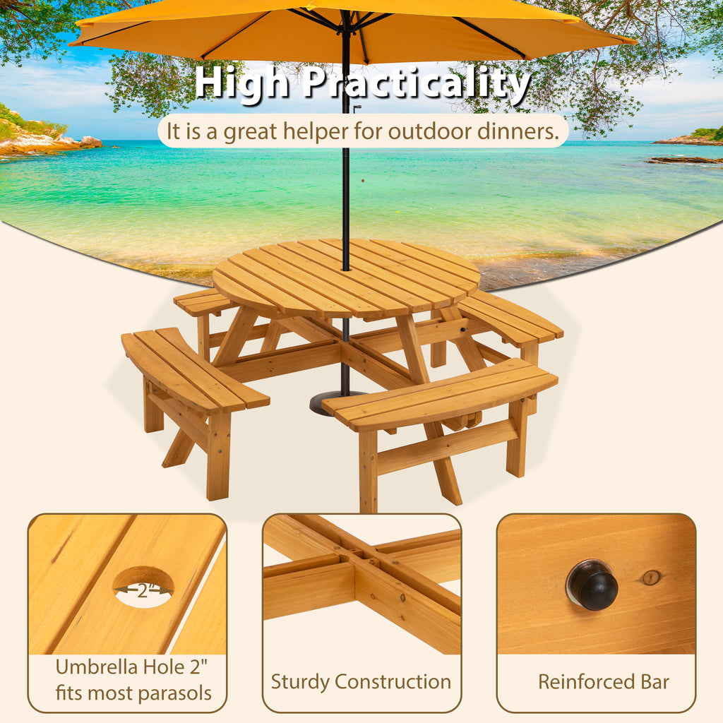 70.07 in. Natural Round Wood Picnic Table Seats 8 People with Umbrella Hole and 4 Built-in Benches for Garden