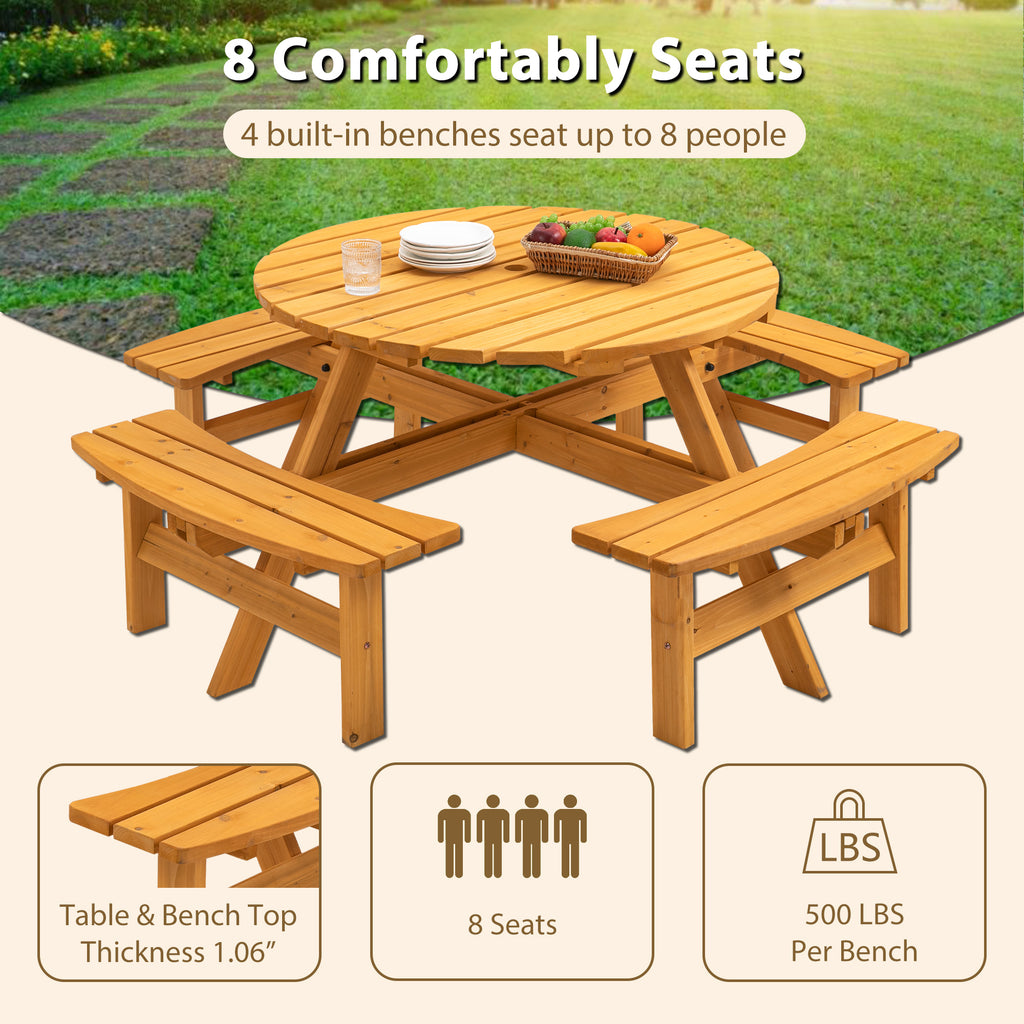 70.07 in. Natural Round Wood Picnic Table Seats 8 People with Umbrella Hole and 4 Built-in Benches for Garden