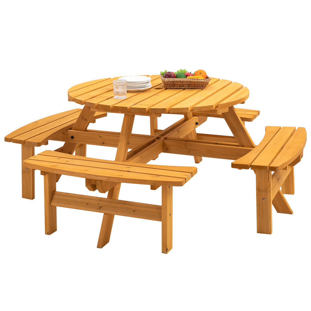 6-Person Circular Outdoor Wooden Picnic Table for Patio, Backyard, Garden, DIY w/ 3 Built-in Benches