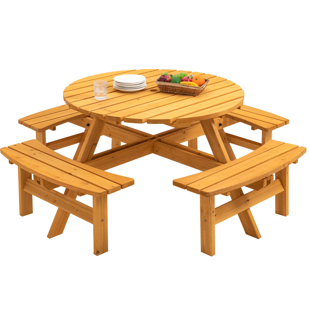 6-Person Circular Outdoor Wooden Picnic Table for Patio, Backyard, Garden, DIY w/ 3 Built-in Benches