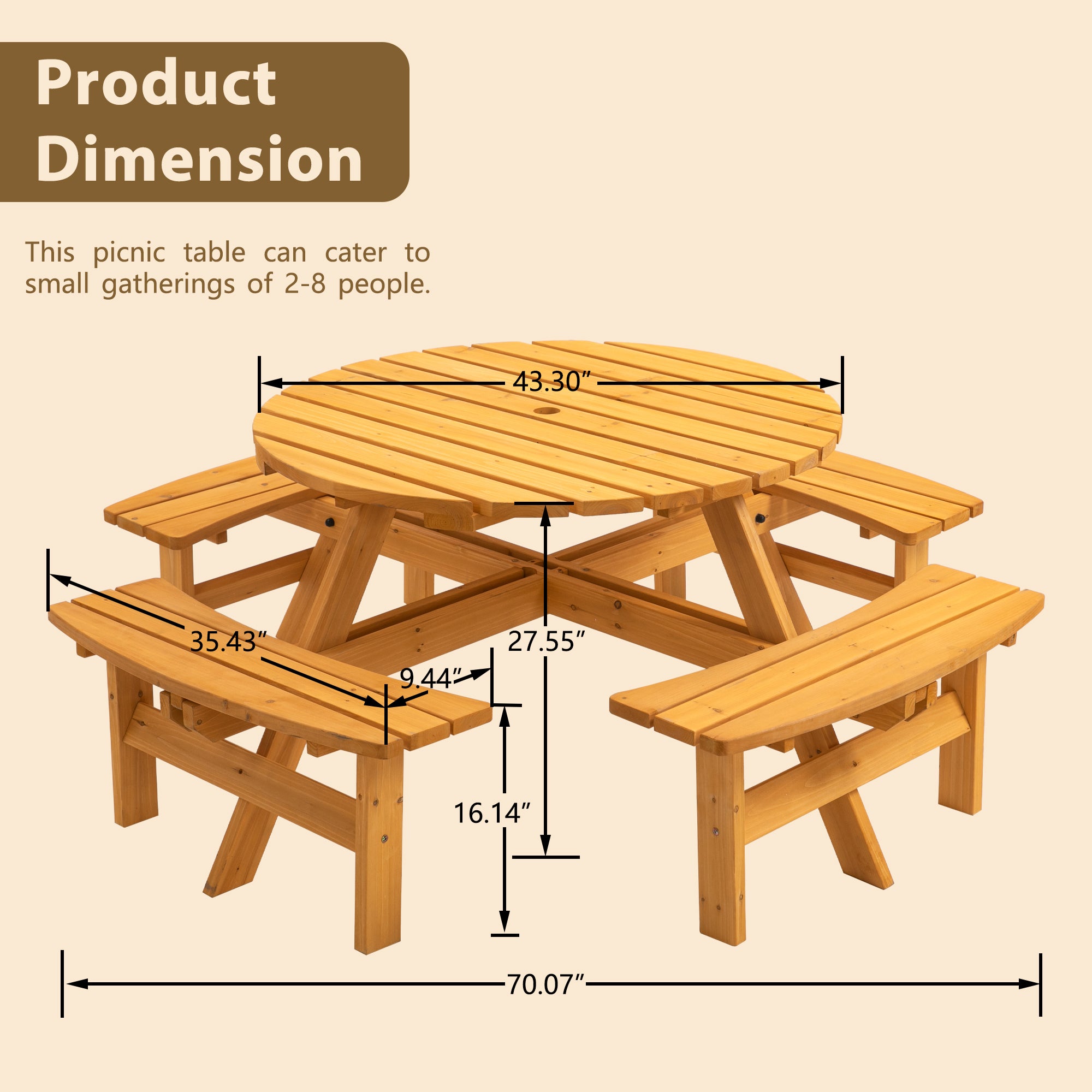 70.07 in. Natural Round Wood Picnic Table Seats 8 People with Umbrella Hole and 4 Built-in Benches for Garden