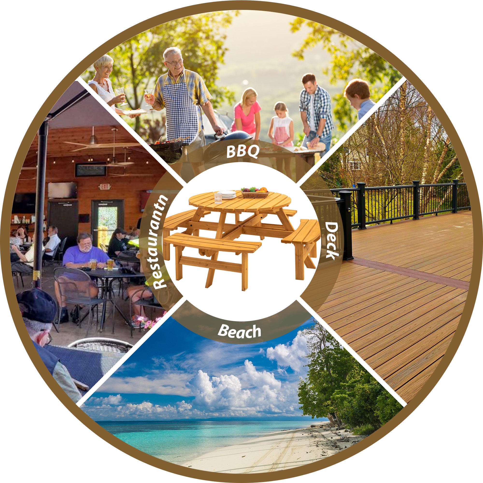 70.07 in. Natural Round Wood Picnic Table Seats 8 People with Umbrella Hole and 4 Built-in Benches for Garden