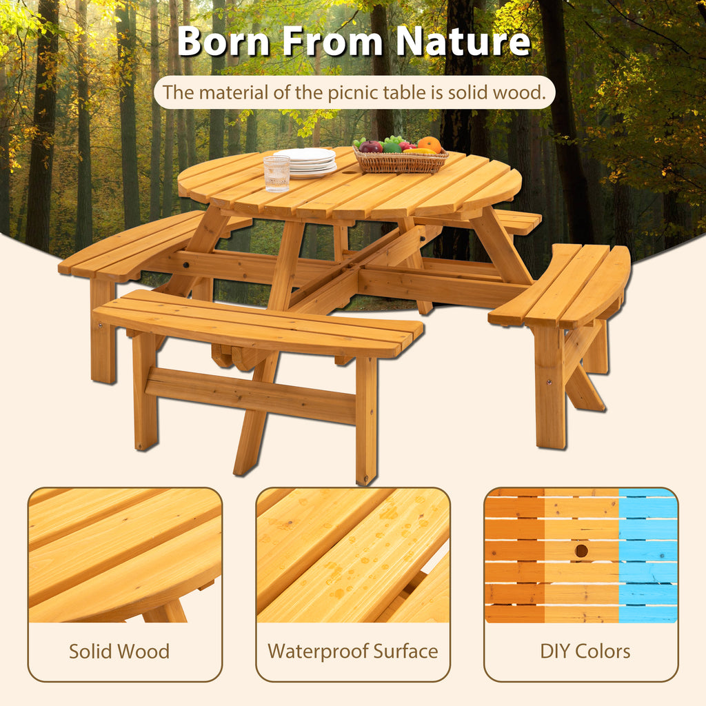 70.07 in. Natural Round Wood Picnic Table Seats 8 People with Umbrella Hole and 4 Built-in Benches for Garden