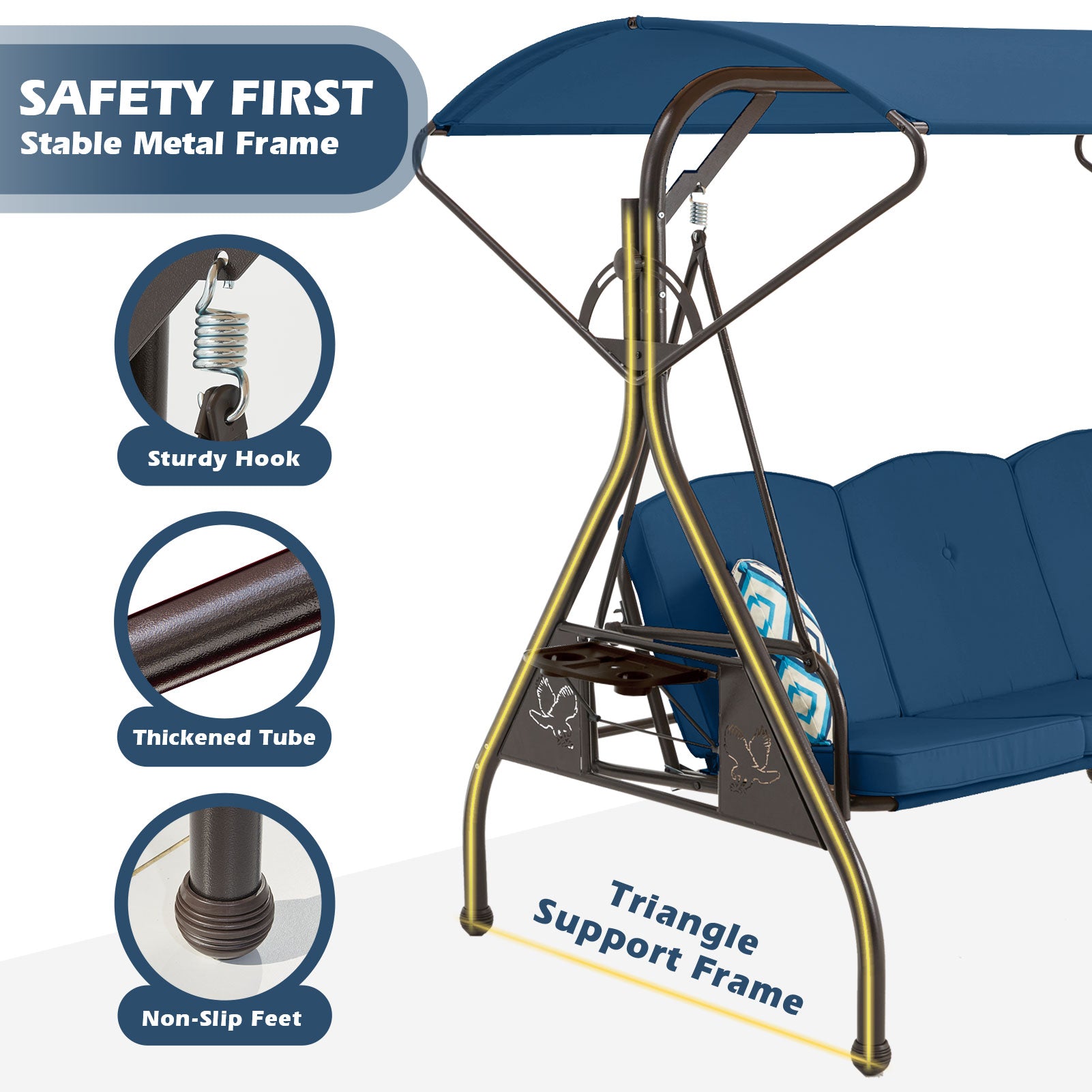 3-Person Metal Patio Swing Chair Converting Patio Swing Bed with Blue Cushions, Adjustable Canopy