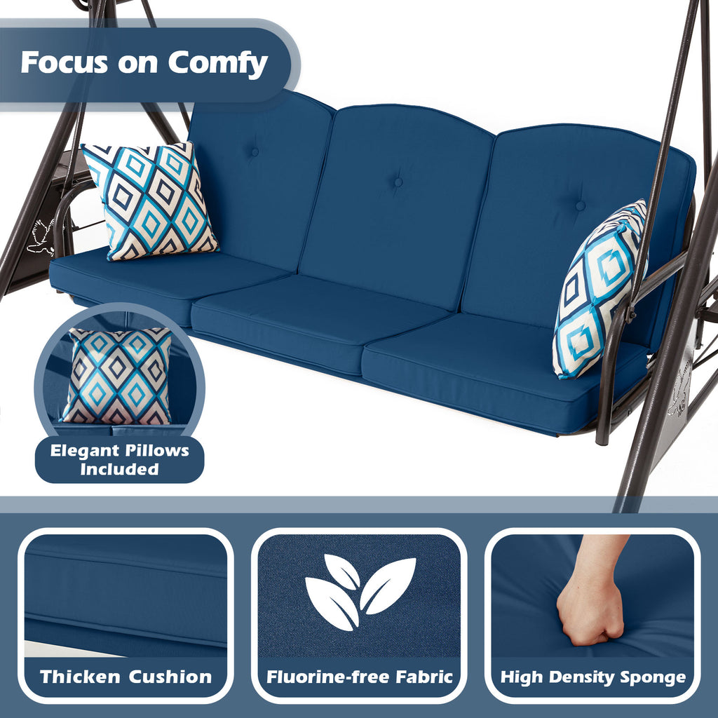 3-Person Metal Patio Swing Chair Converting Patio Swing Bed with Blue Cushions, Adjustable Canopy