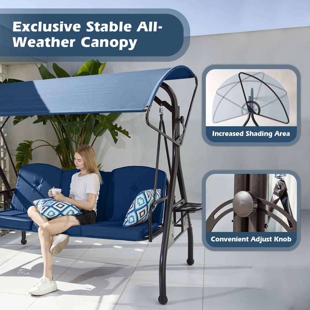 3-Person Metal Patio Swing Chair Converting Patio Swing Bed with Blue Cushions, Adjustable Canopy