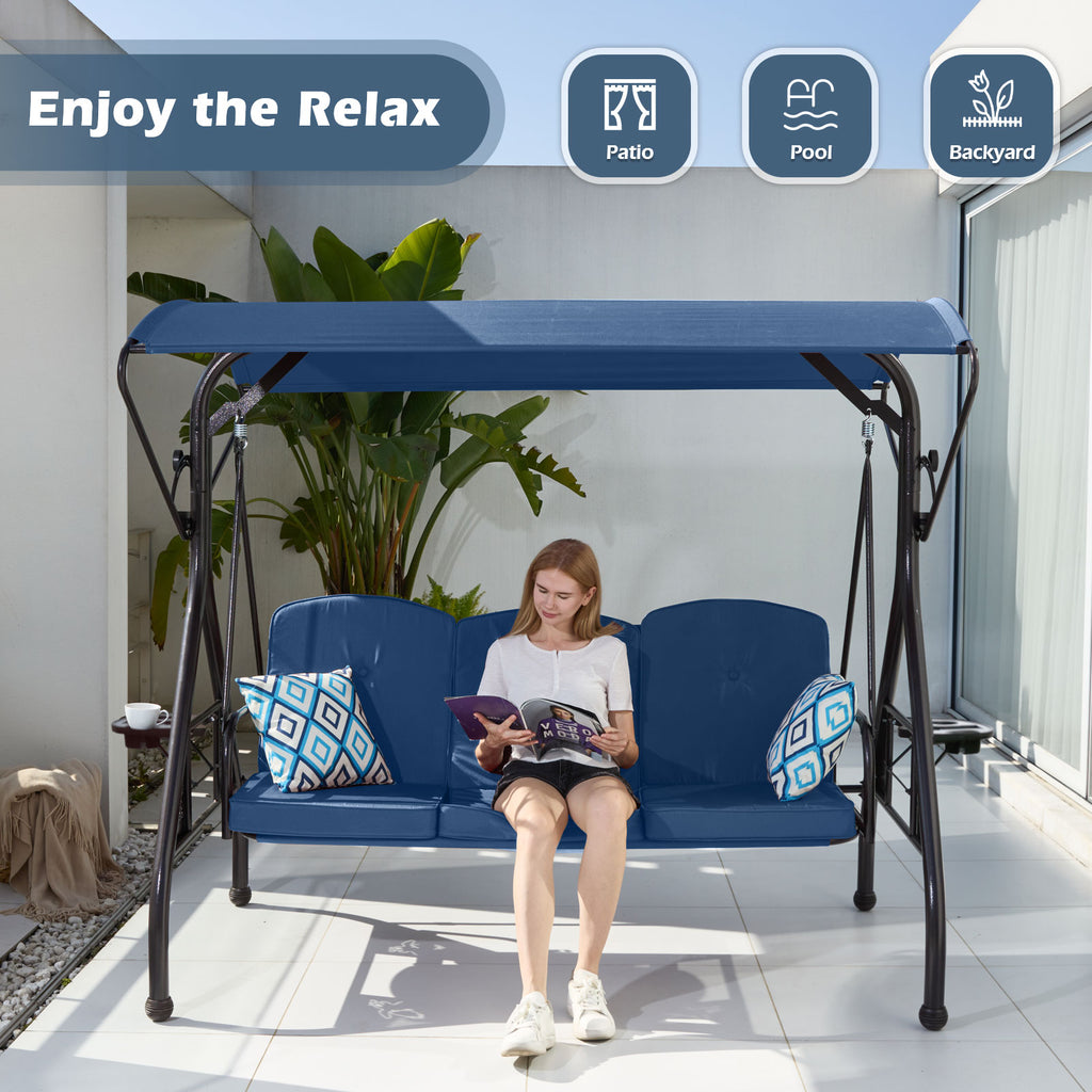 3-Person Metal Patio Swing Chair Converting Patio Swing Bed with Blue Cushions, Adjustable Canopy