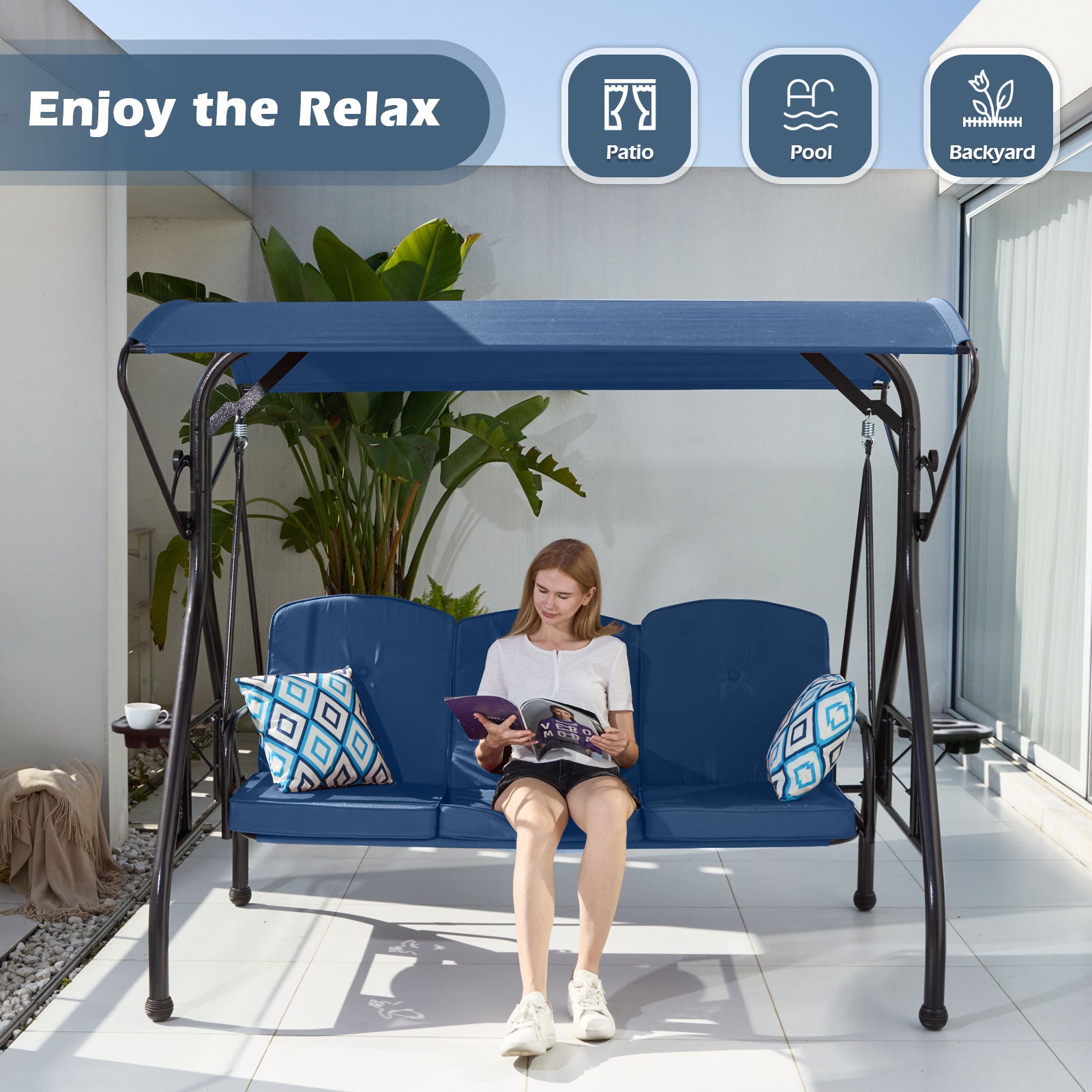 3-Person Metal Patio Swing Chair Converting Patio Swing Bed with Blue Cushions, Adjustable Canopy