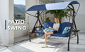 3-Person Metal Patio Swing Chair Converting Patio Swing Bed with Blue Cushions, Adjustable Canopy