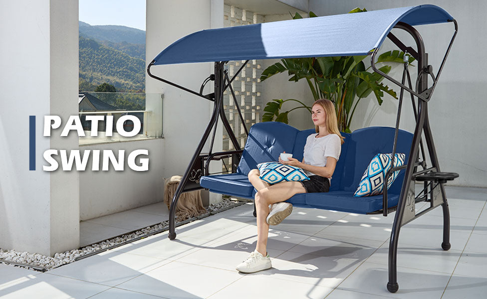 3-Person Metal Patio Swing Chair Converting Patio Swing Bed with Blue Cushions, Adjustable Canopy