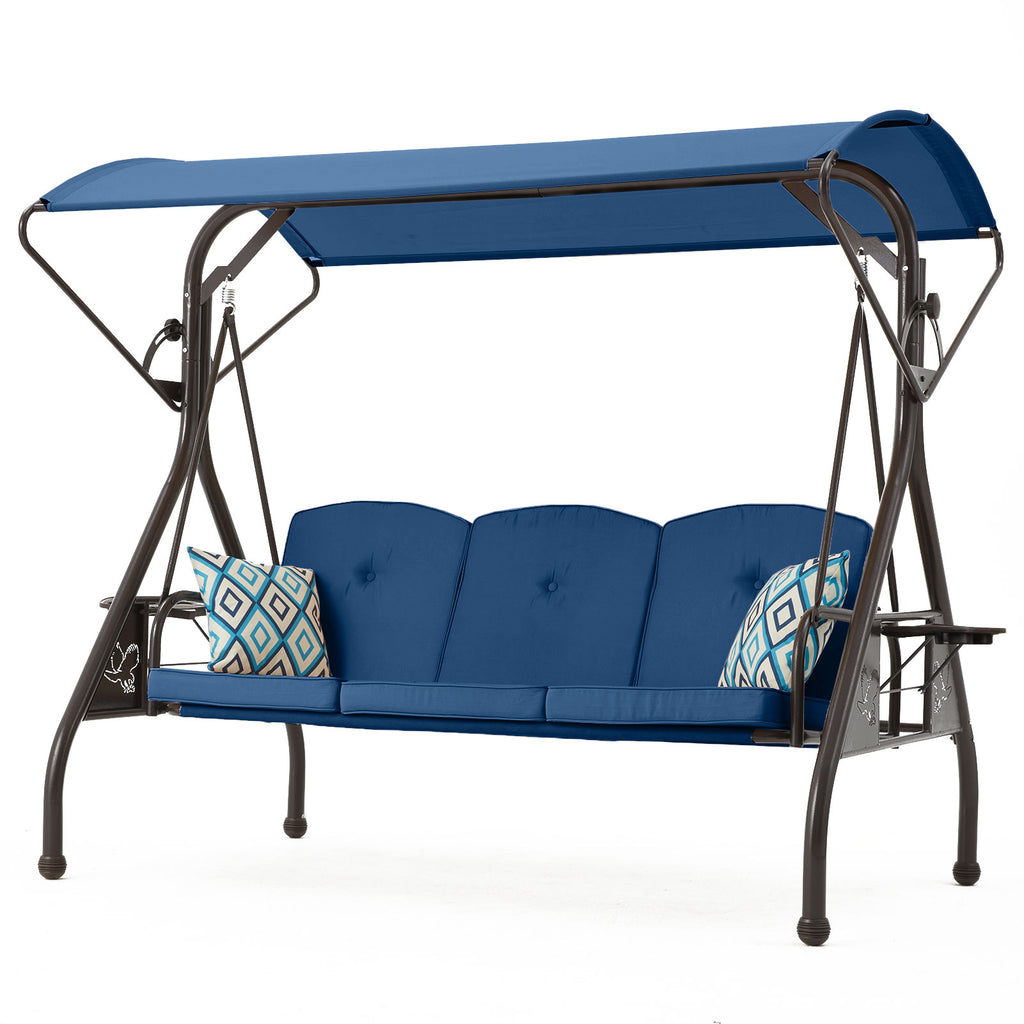 3-Person Metal Patio Swing Chair Converting Patio Swing Bed with Blue Cushions, Adjustable Canopy