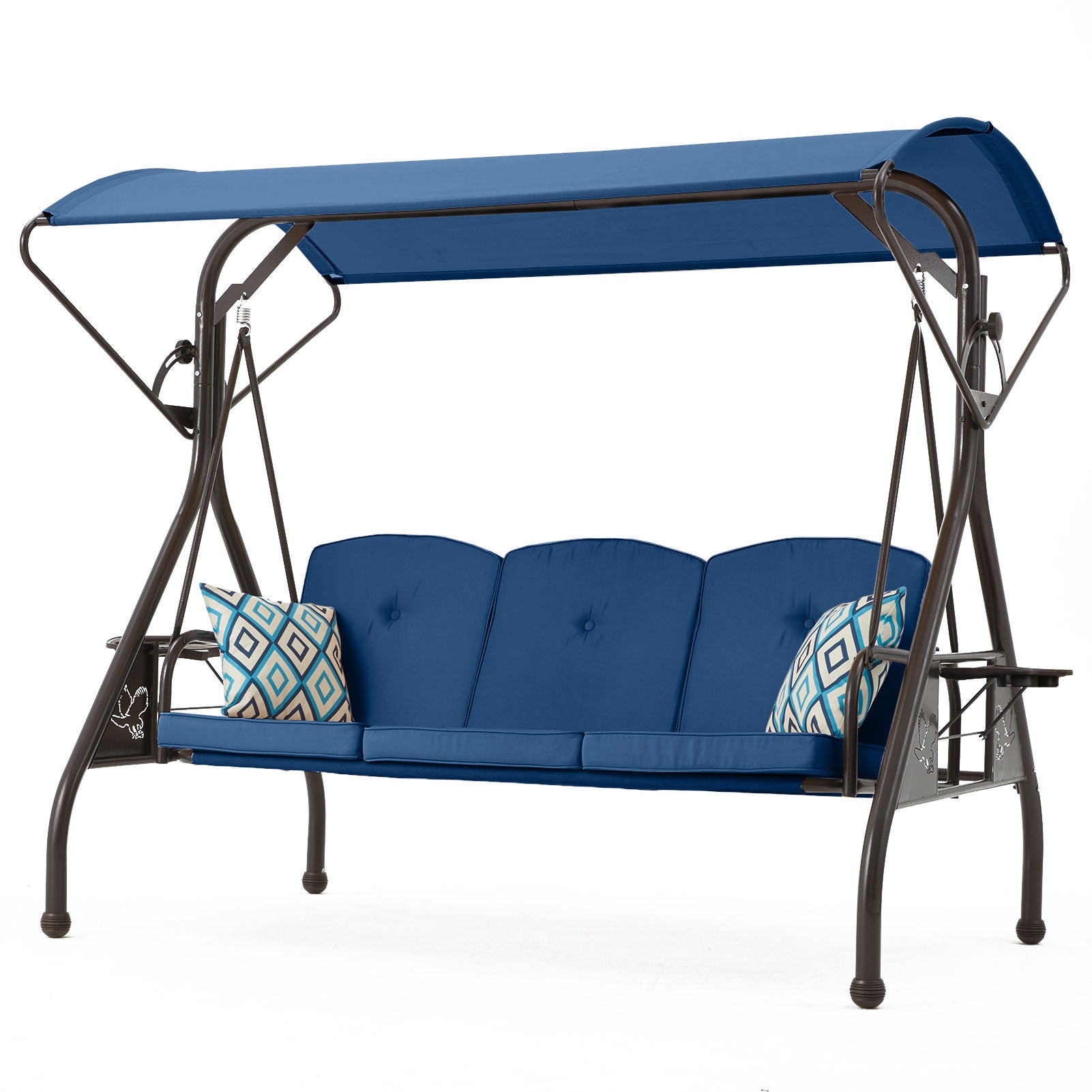 3-Person Metal Patio Swing Chair Converting Patio Swing Bed with Blue Cushions, Adjustable Canopy