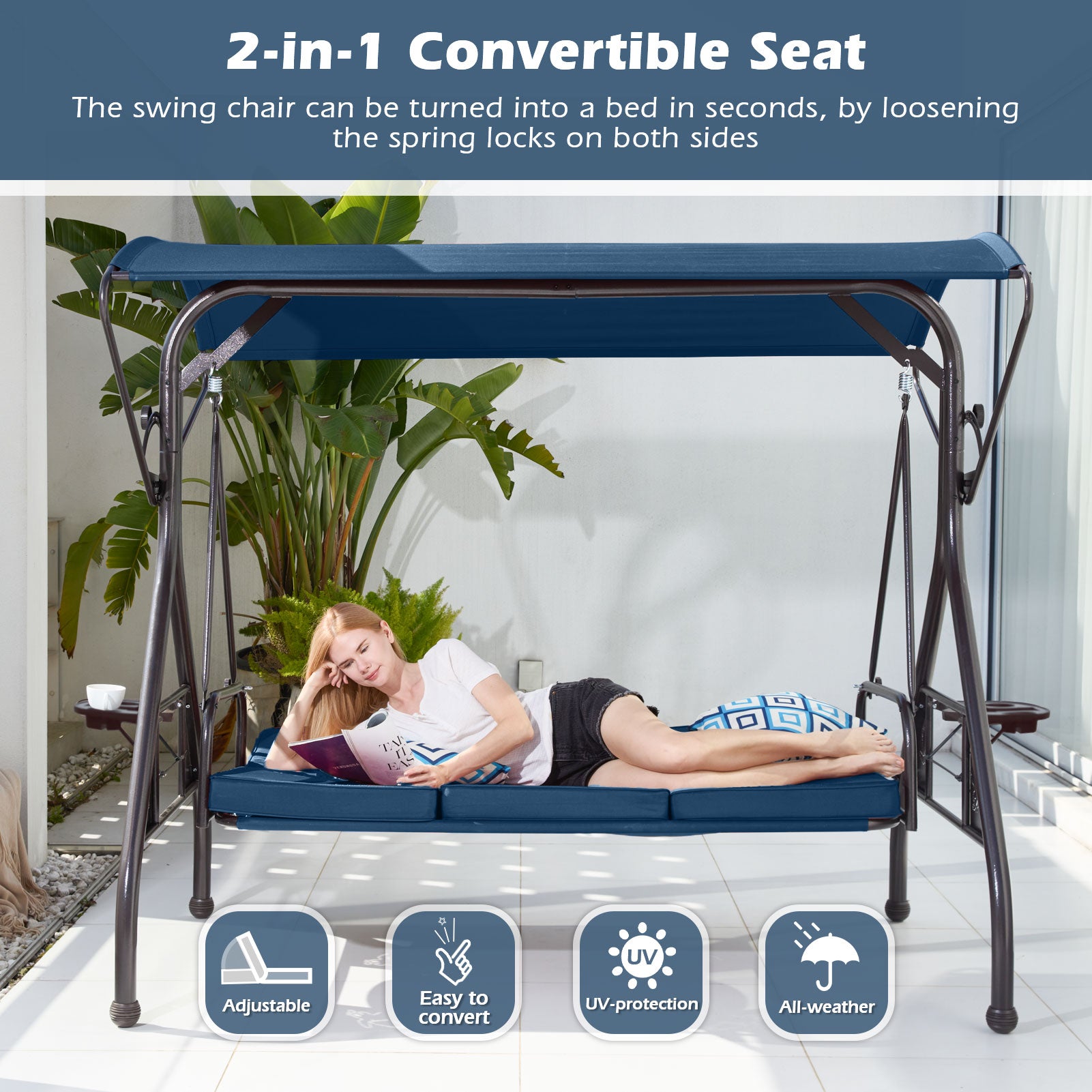 3-Person Metal Patio Swing Chair Converting Patio Swing Bed with Blue Cushions, Adjustable Canopy