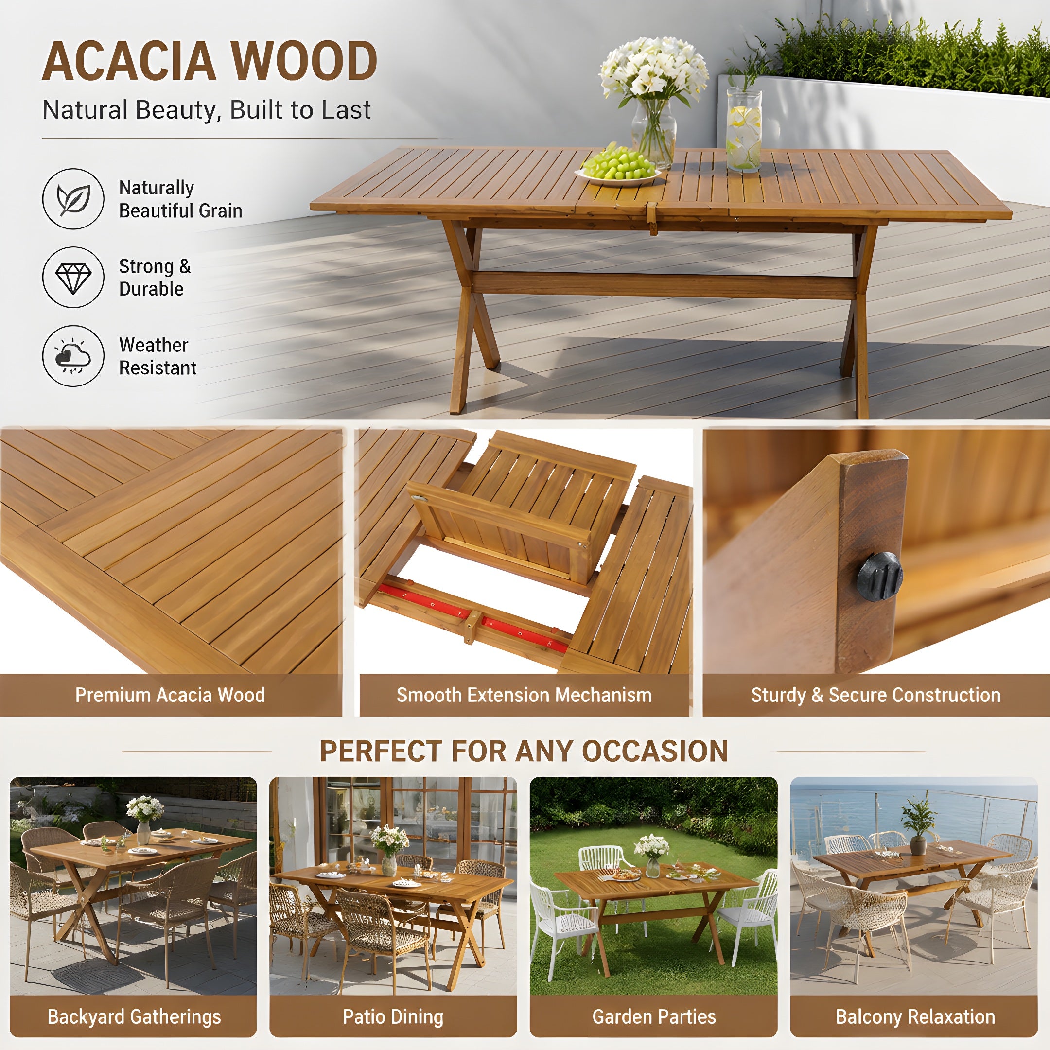 60"-76" Acacia Wood Outdoor Dining Table  with Extension, Telescopic Table Ideal for Patio