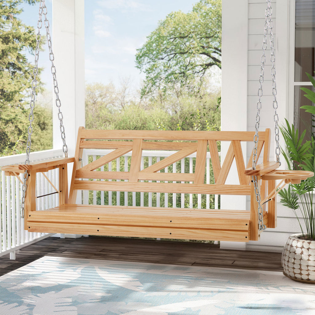 2-Person Natural Wood Porch Swing with Chains, Foldable Side Table