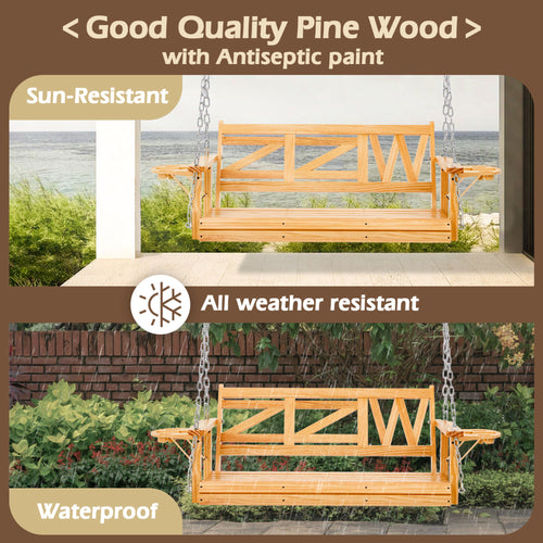 2-Person Natural Wood Porch Swing with Chains, Foldable Side Table