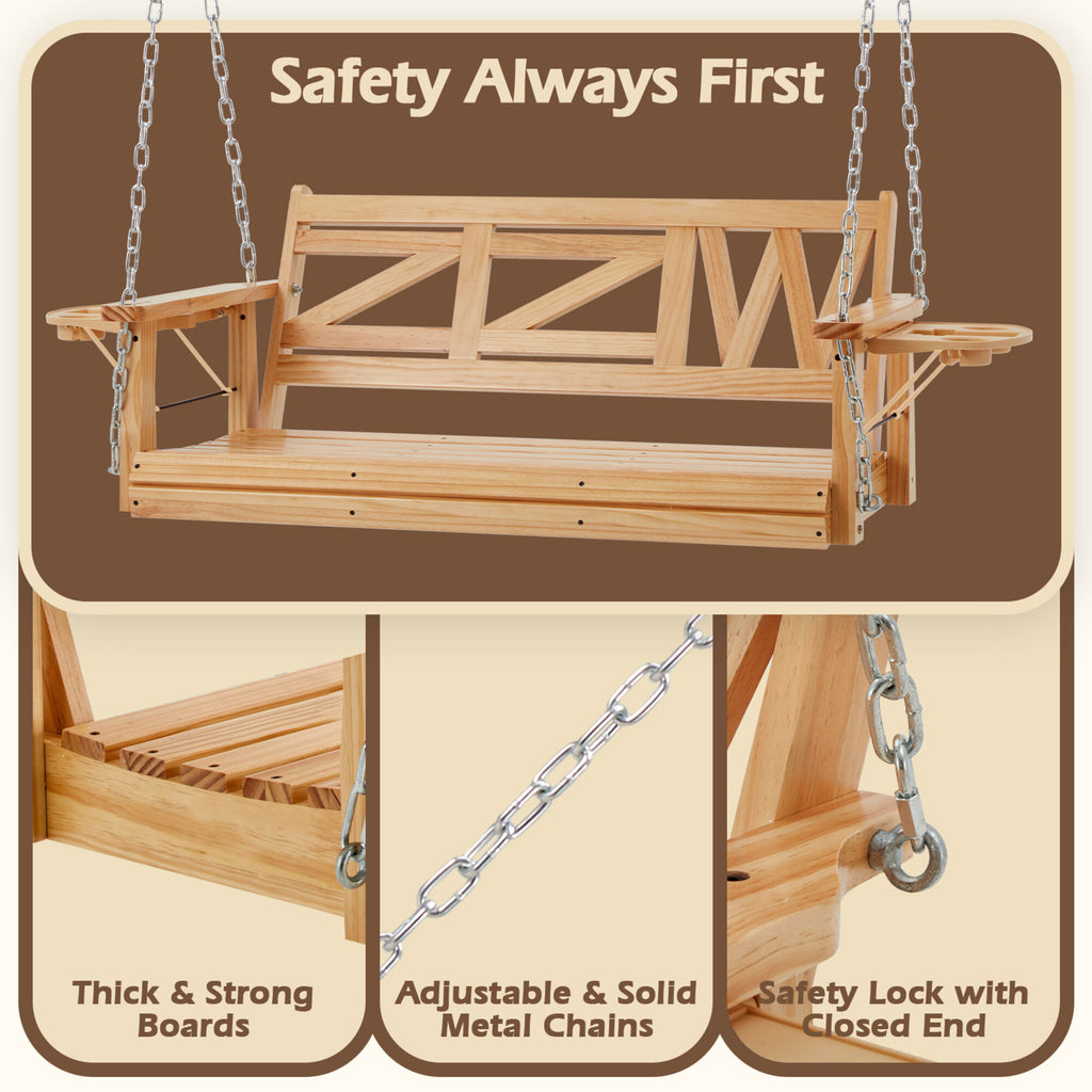 2-Person Natural Wood Porch Swing with Chains, Foldable Side Table