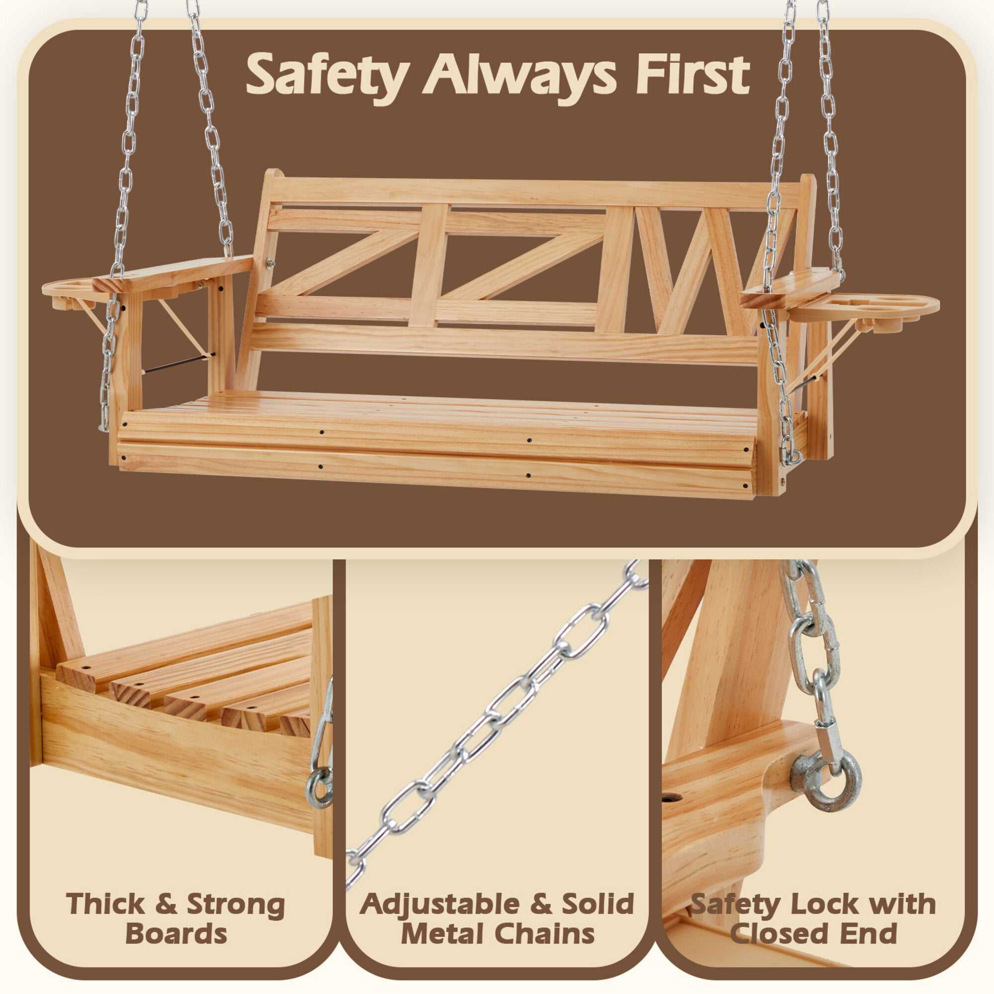 2-Person Natural Wood Porch Swing with Chains, Foldable Side Table