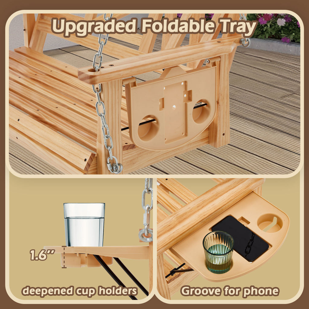 2-Person Natural Wood Porch Swing with Chains, Foldable Side Table