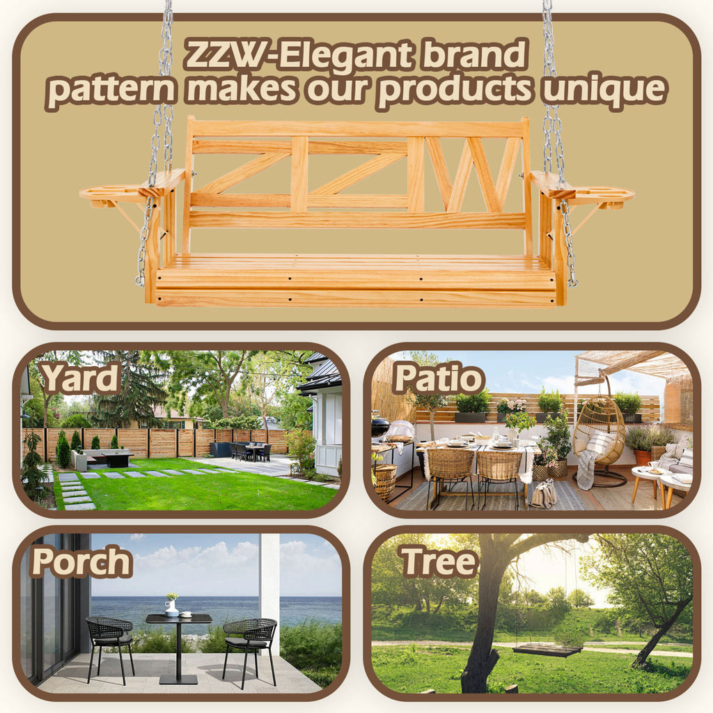 2-Person Natural Wood Porch Swing with Chains, Foldable Side Table