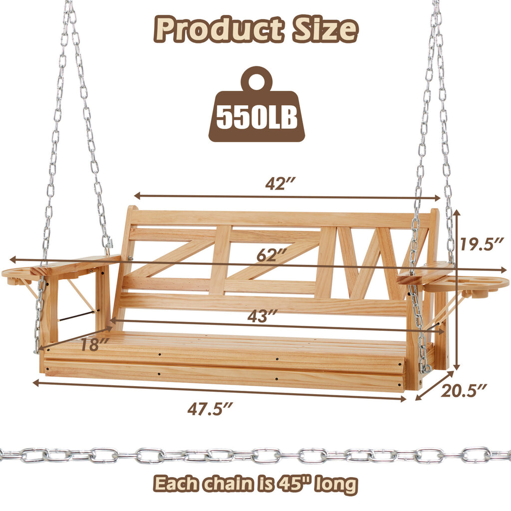 2-Person Natural Wood Porch Swing with Chains, Foldable Side Table