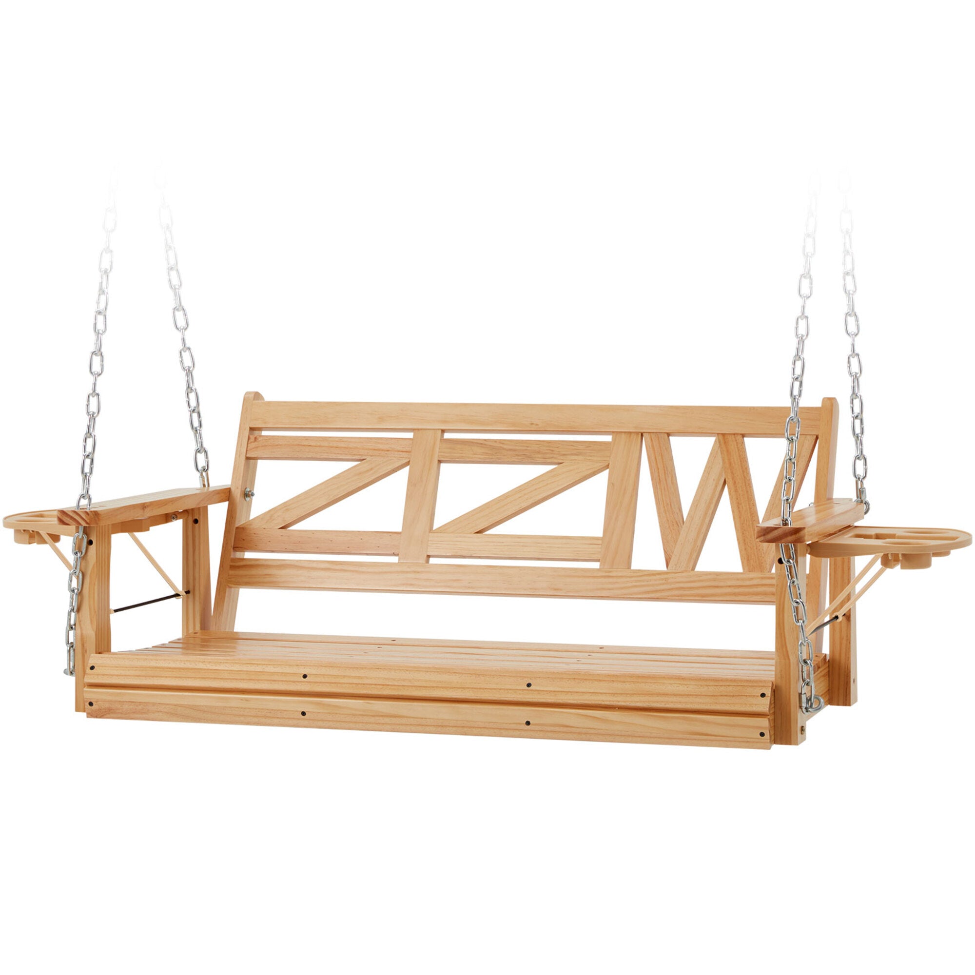 2-Person Natural Wood Porch Swing with Chains, Foldable Side Table