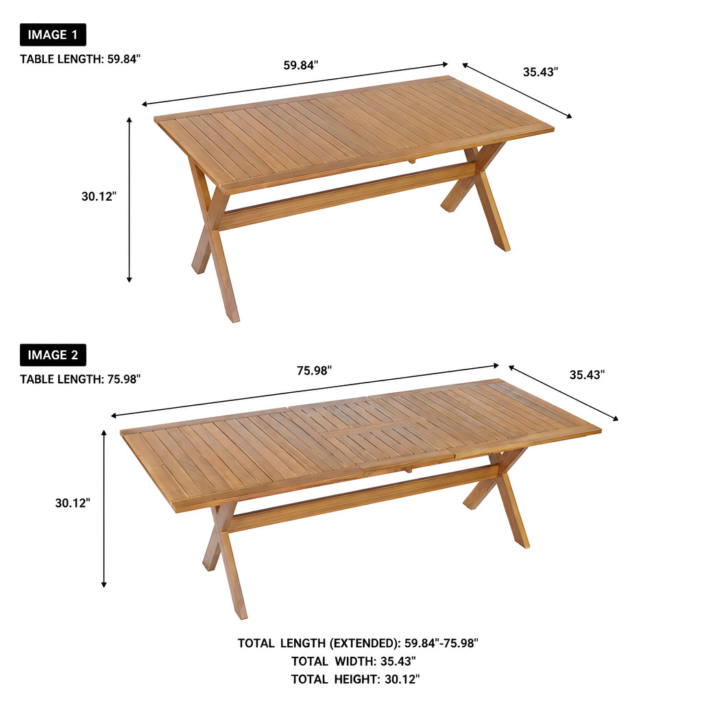 60"-76" Acacia Wood Outdoor Dining Table  with Extension, Telescopic Table Ideal for Patio