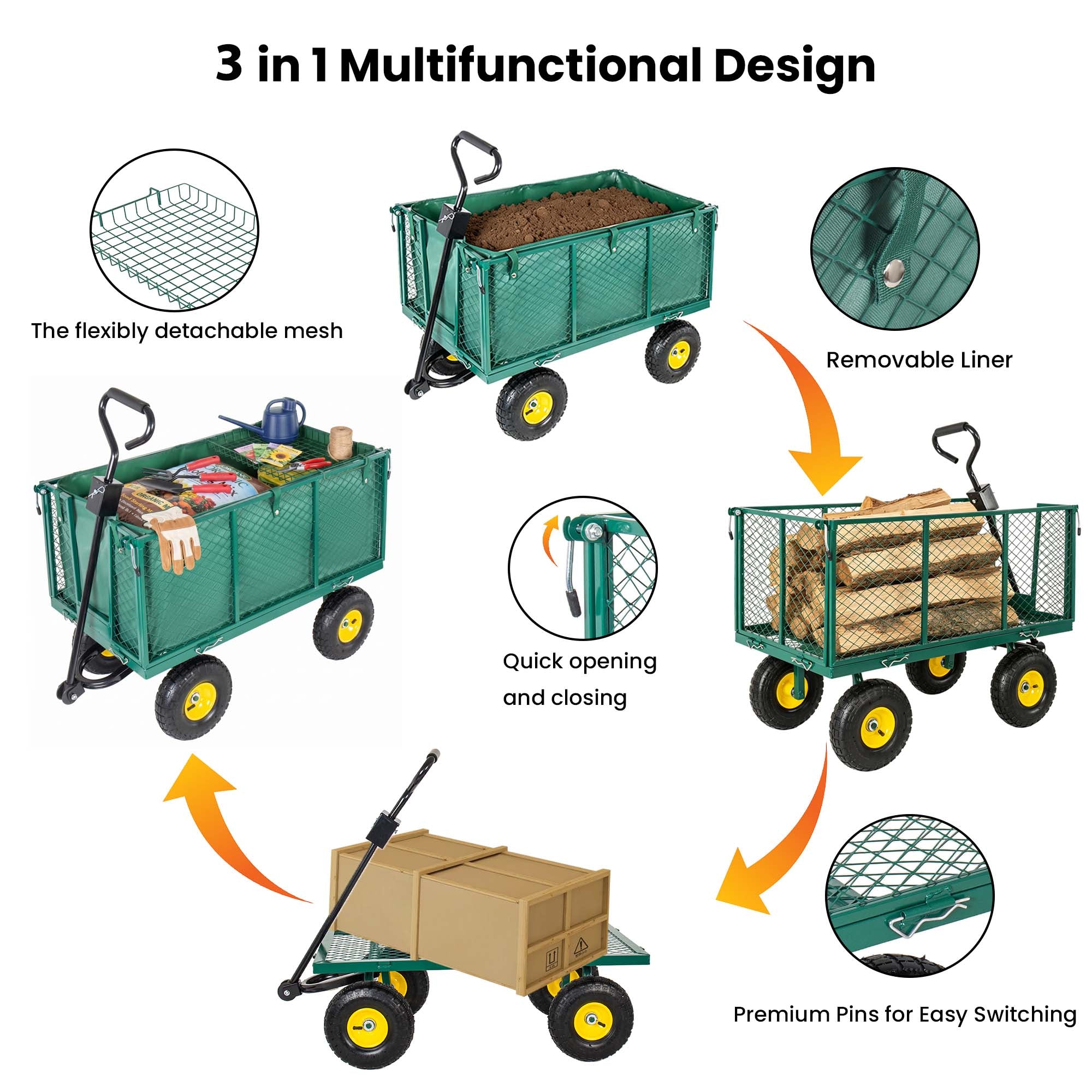 6.17 cu. ft. Green Metal Garden Cart with Removable Liner,Side Panels,Mesh Tray,3-in-1 Outdoor Wagon Cart