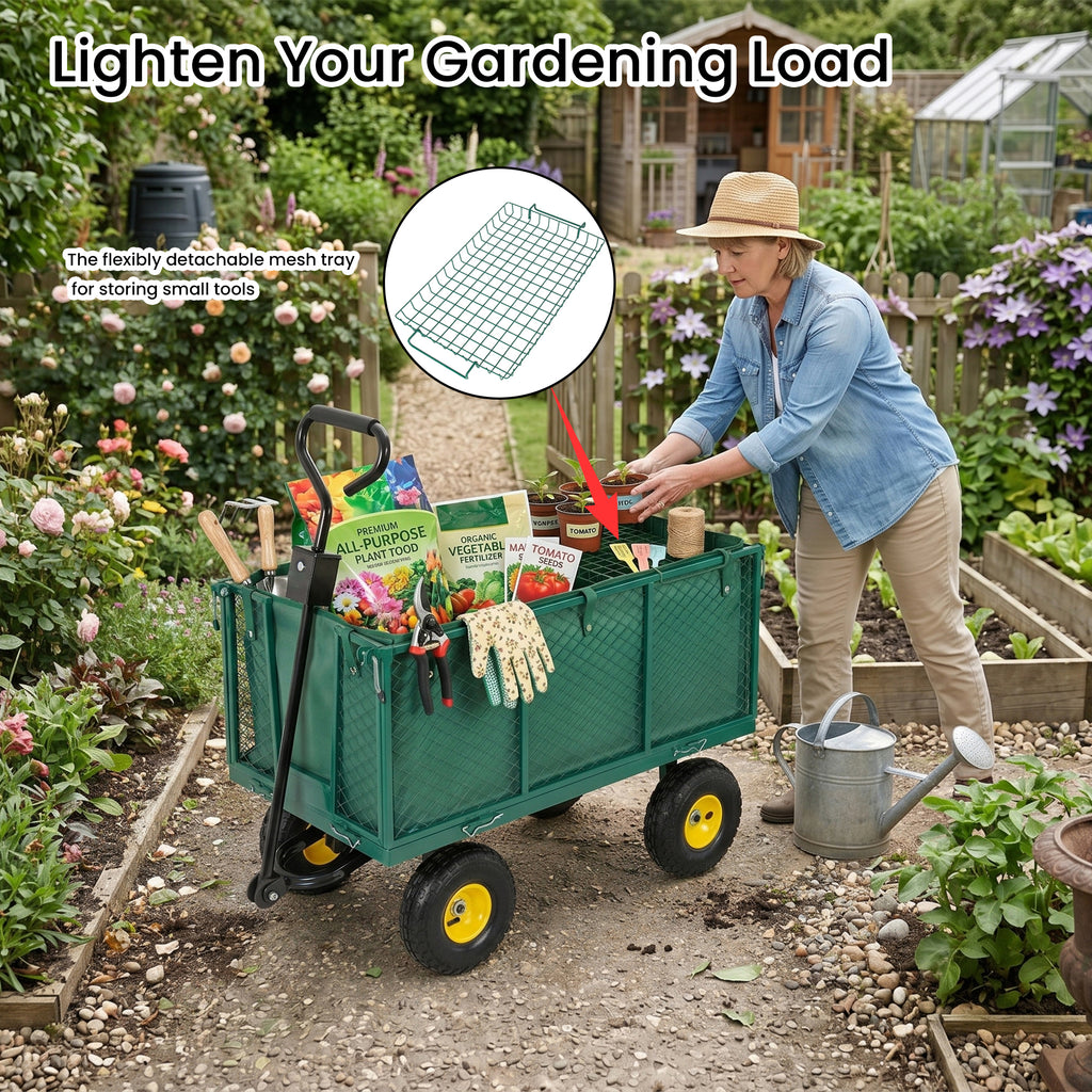 6.17 cu. ft. Green Metal Garden Cart with Removable Liner,Side Panels,Mesh Tray,3-in-1 Outdoor Wagon Cart