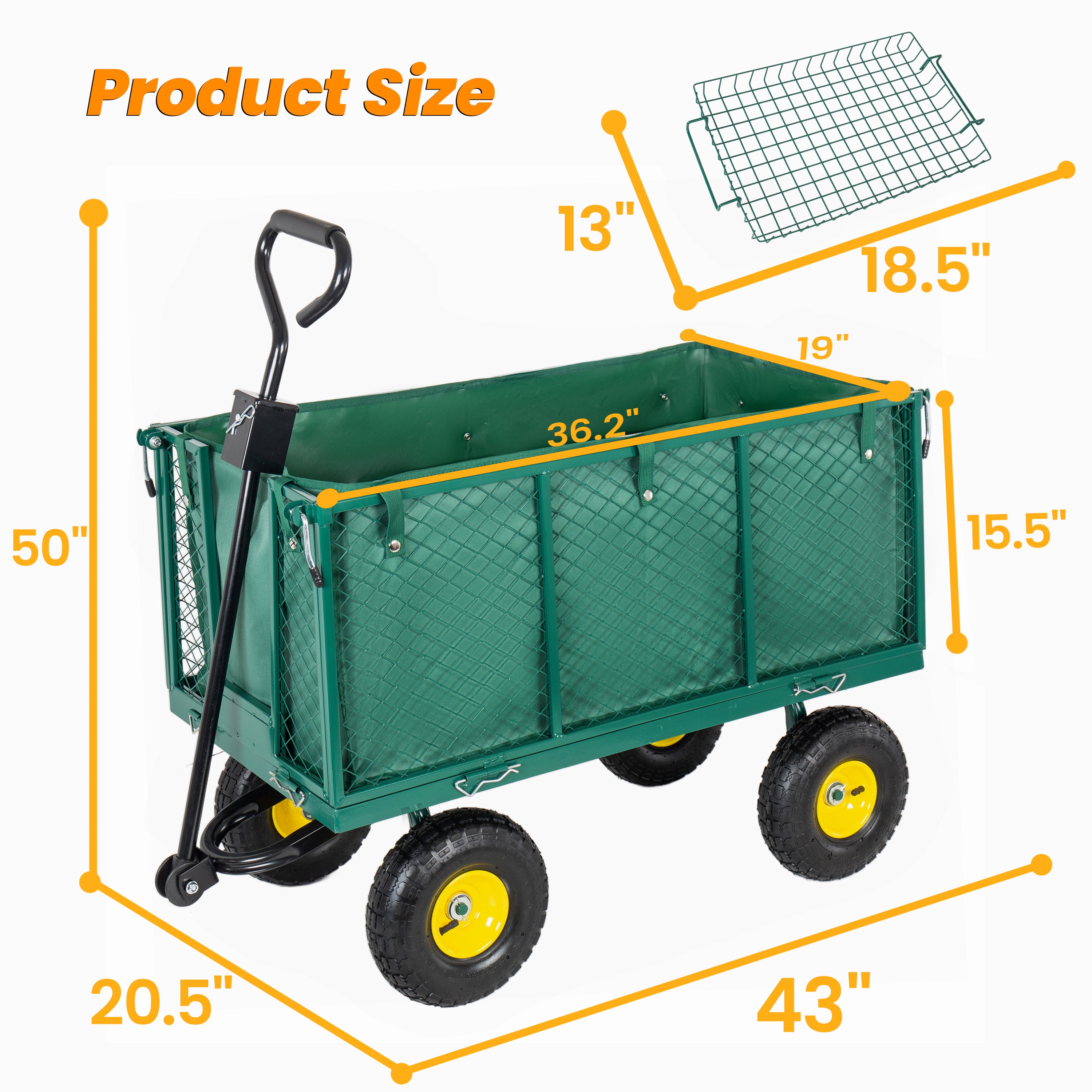 6.17 cu. ft. Green Metal Garden Cart with Removable Liner,Side Panels,Mesh Tray,3-in-1 Outdoor Wagon Cart