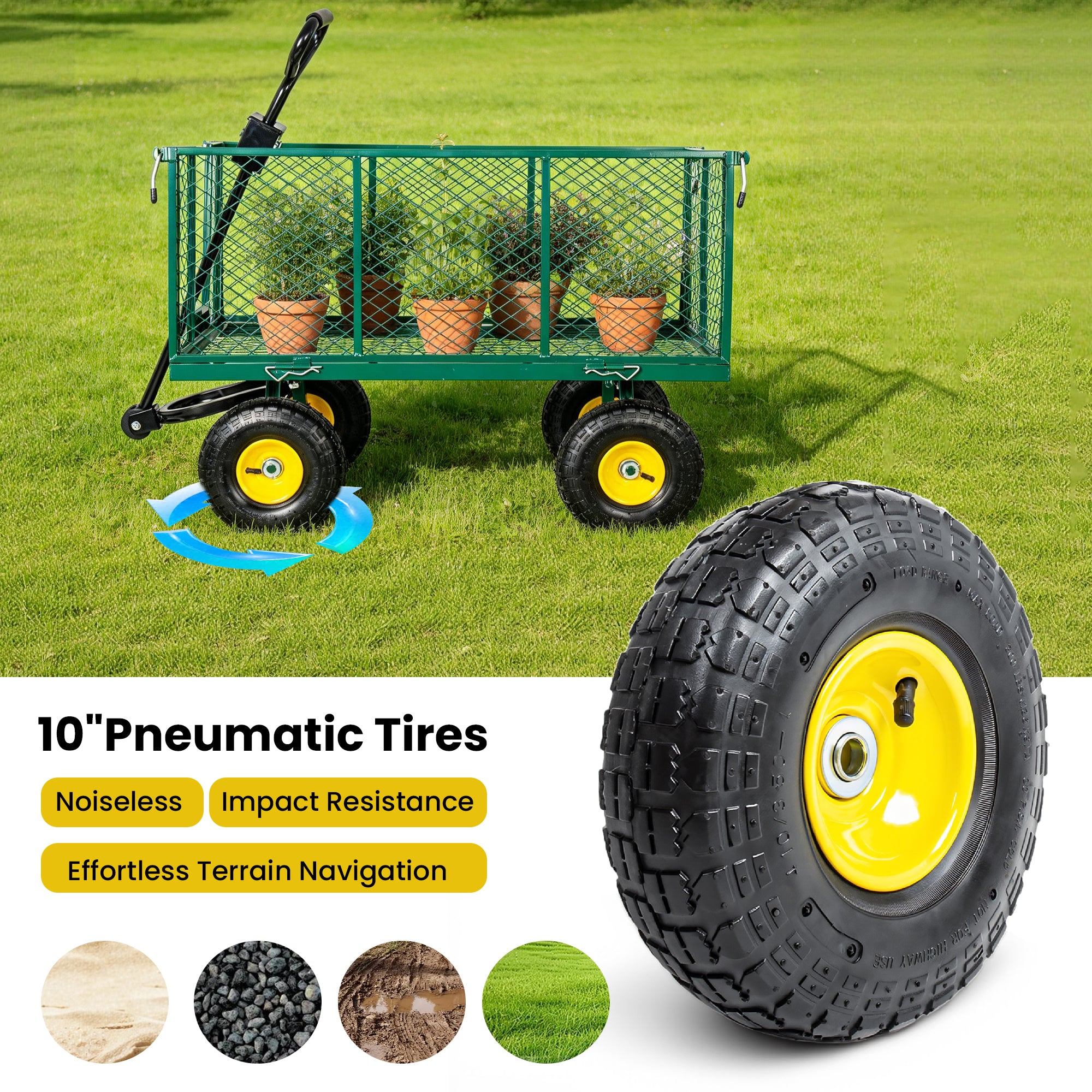 6.17 cu. ft. Green Metal Garden Cart with Removable Liner,Side Panels,Mesh Tray,3-in-1 Outdoor Wagon Cart