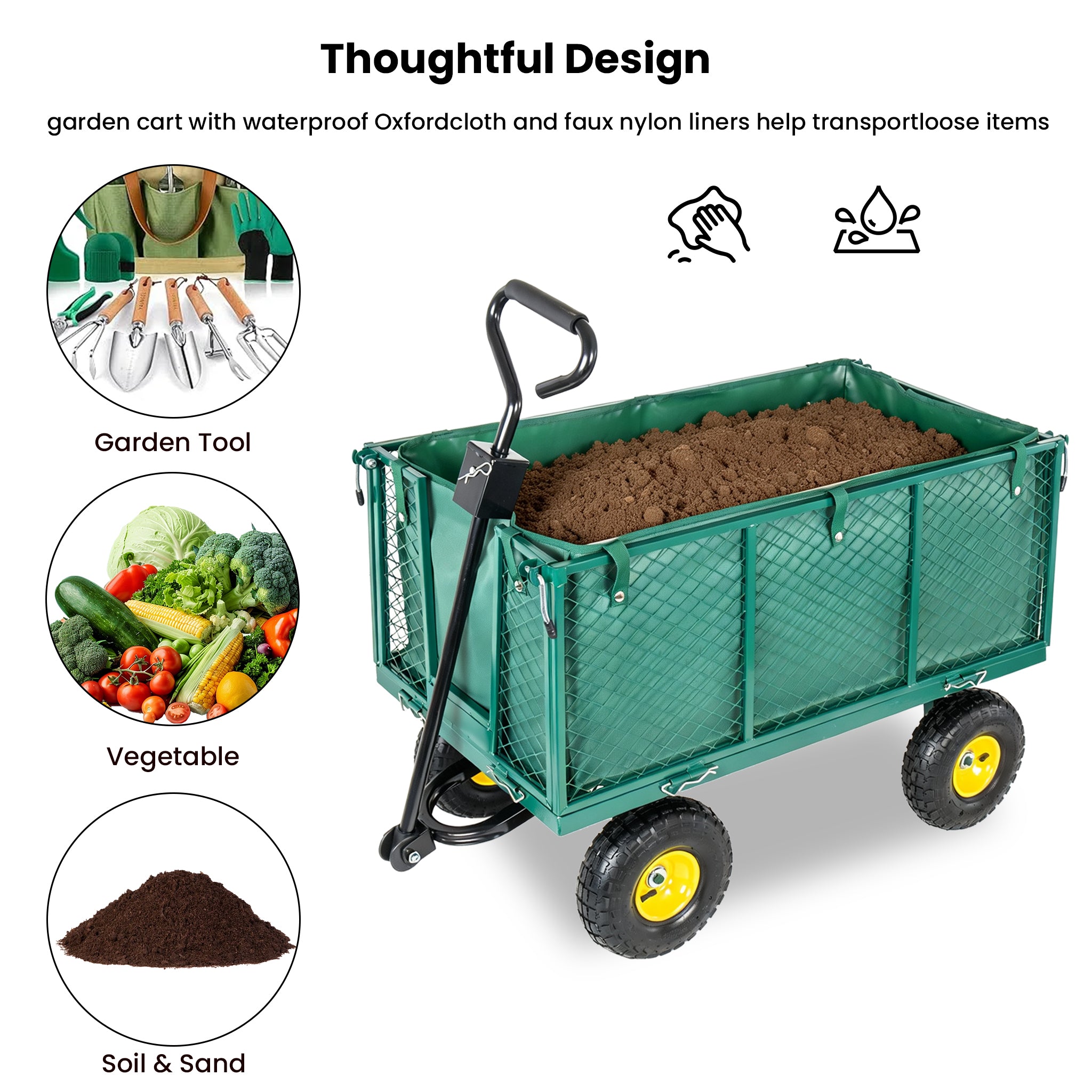 6.17 cu. ft. Green Metal Garden Cart with Removable Liner,Side Panels,Mesh Tray,3-in-1 Outdoor Wagon Cart